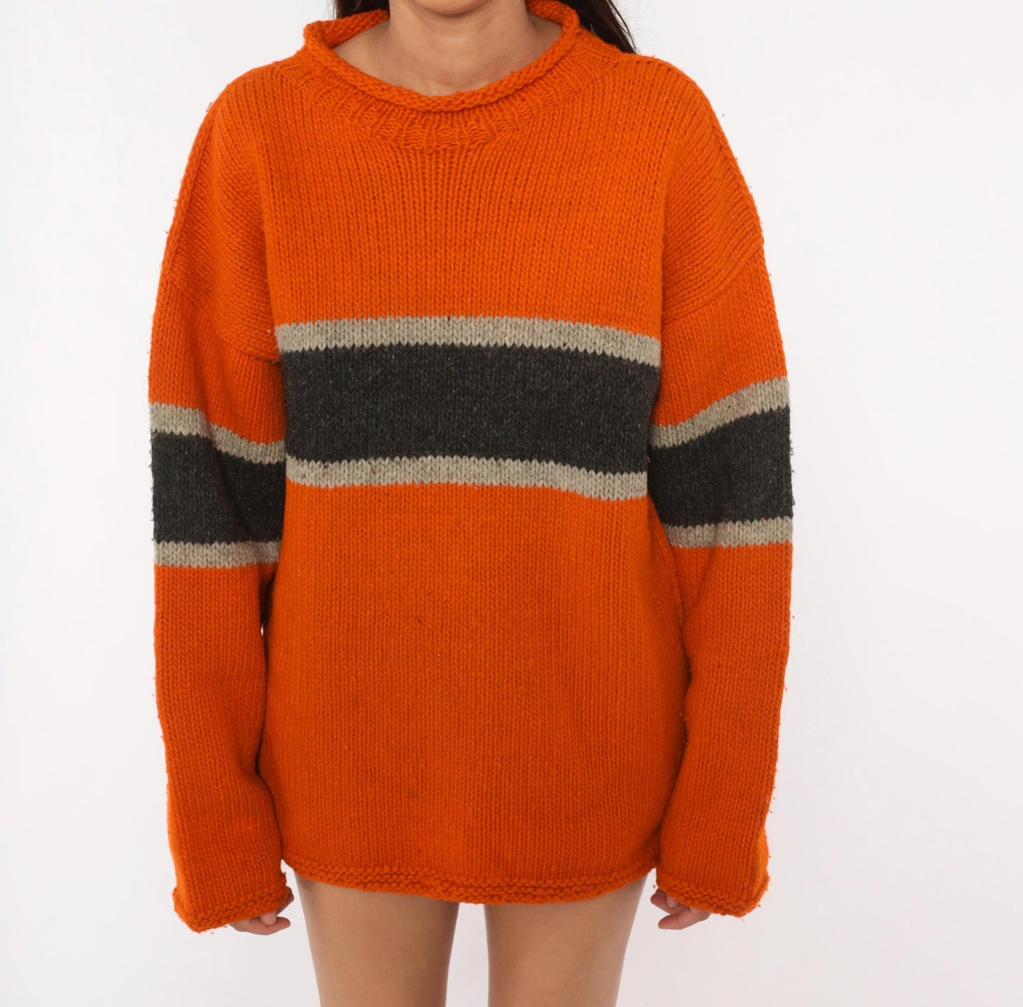 90s Sisandina Handicrafts Wool Sweater Burnt Orange Striped Chunky Knit Large