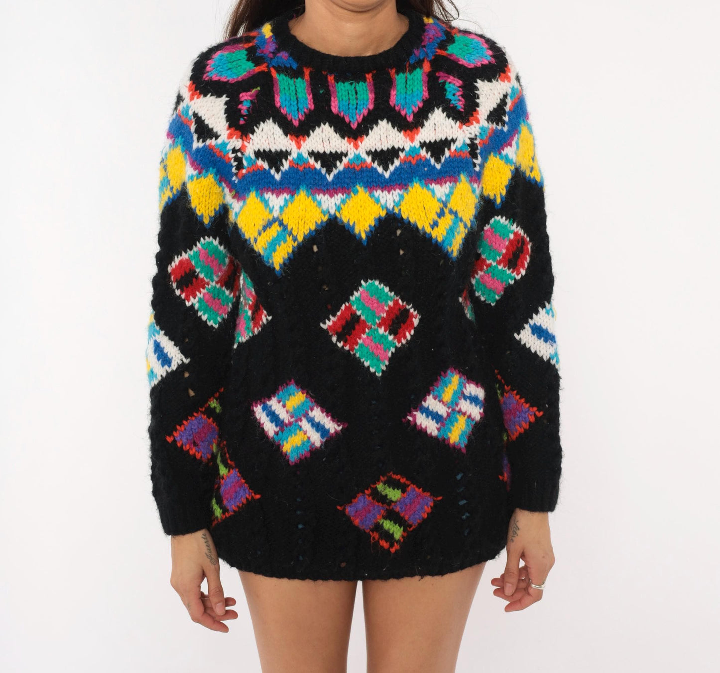 90s Kitty Hawk Fair Isle Sweater Black Multicolor Diamond Pullover Small S