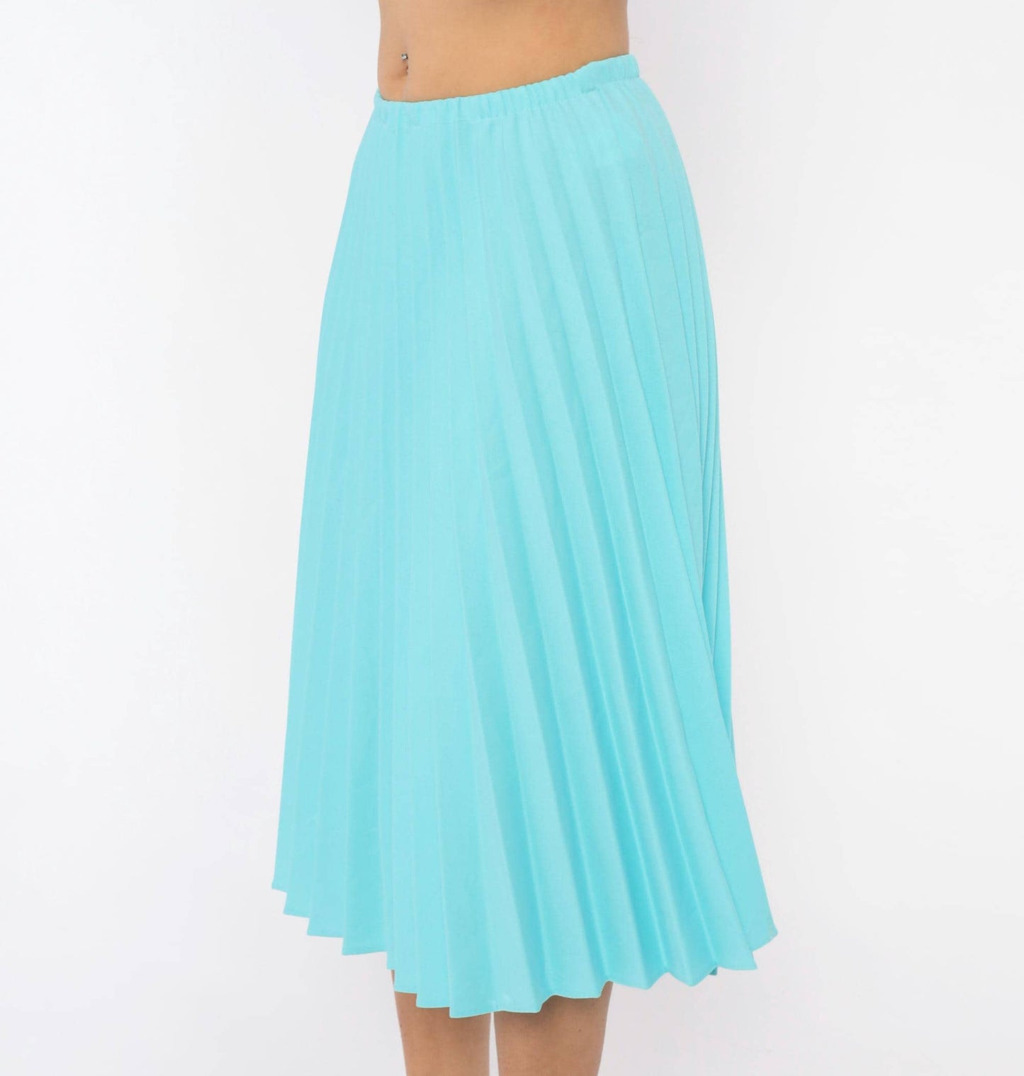 70s Aqua Pleated Midi Skirt Accordion Knife Pleat A-Line Sky Blue Small Medium