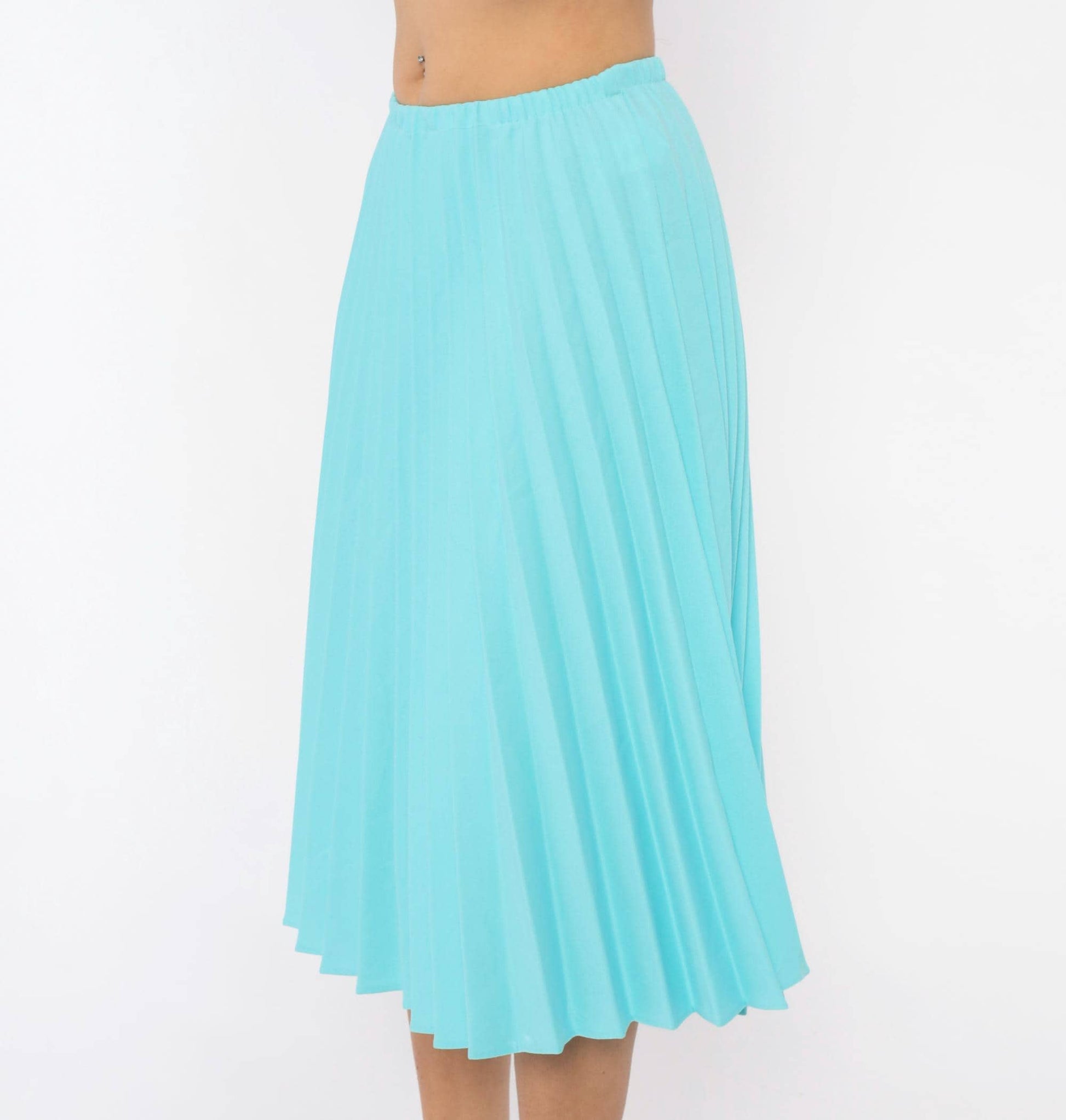 70s Aqua Pleated Midi Skirt Accordion Knife Pleat A-Line Sky Blue Small Medium