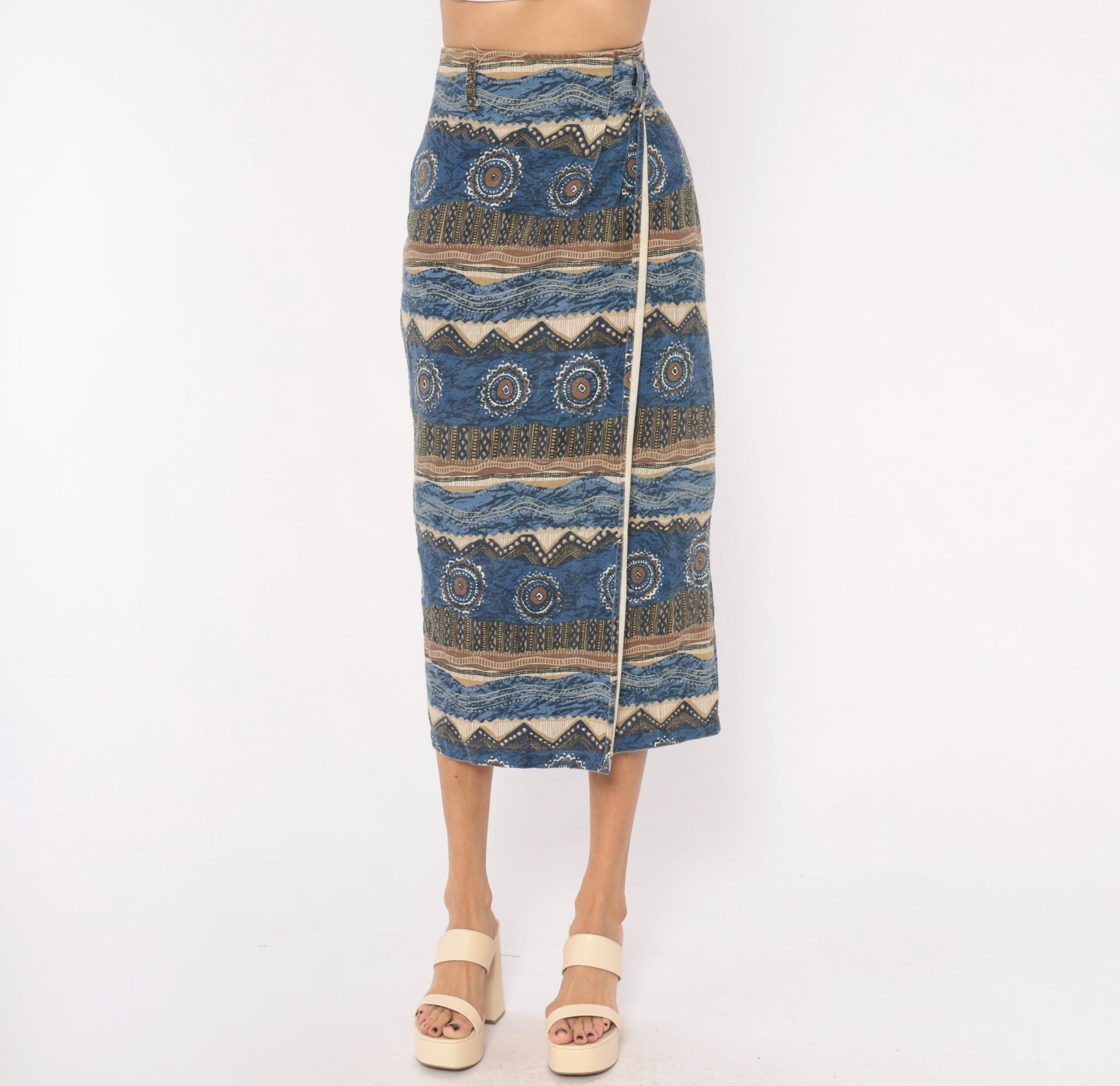 90s Southwestern Tribal Midi Skirt Blue Cream Cotton High Waist Wrap Small