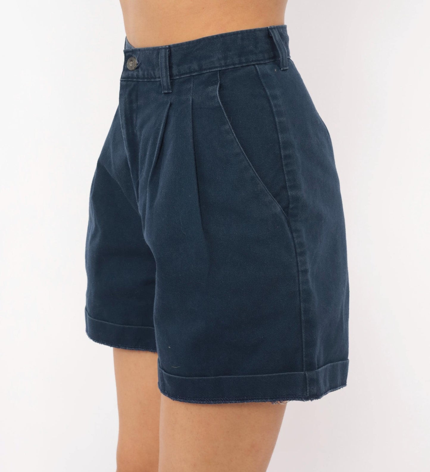 90s Lee Casuals Navy Pleated High-Waisted Shorts Cotton Cuffed Small