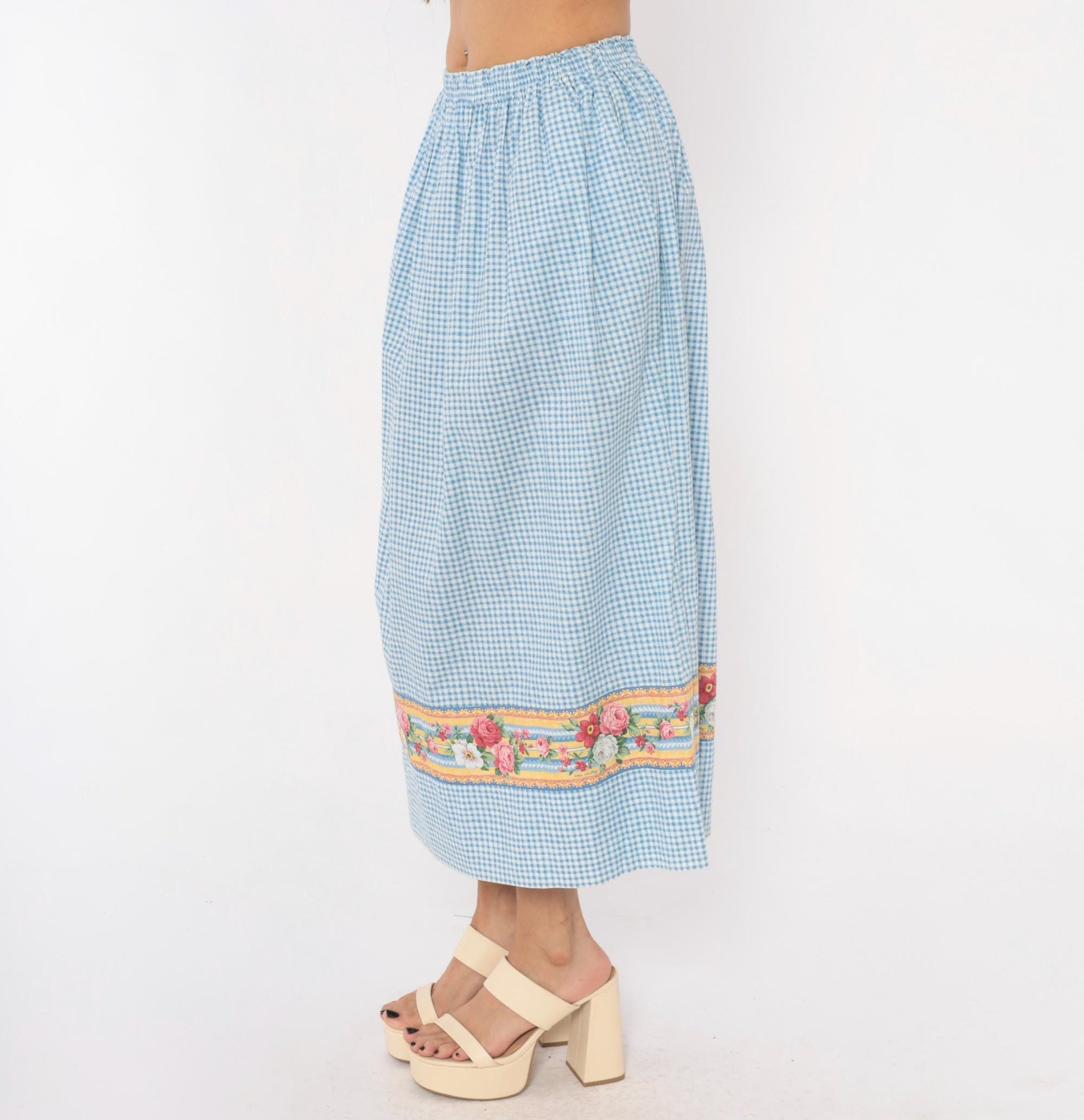 80s Vera Bradley Gingham Cotton Maxi Skirt Blue White Floral Border Small Medium