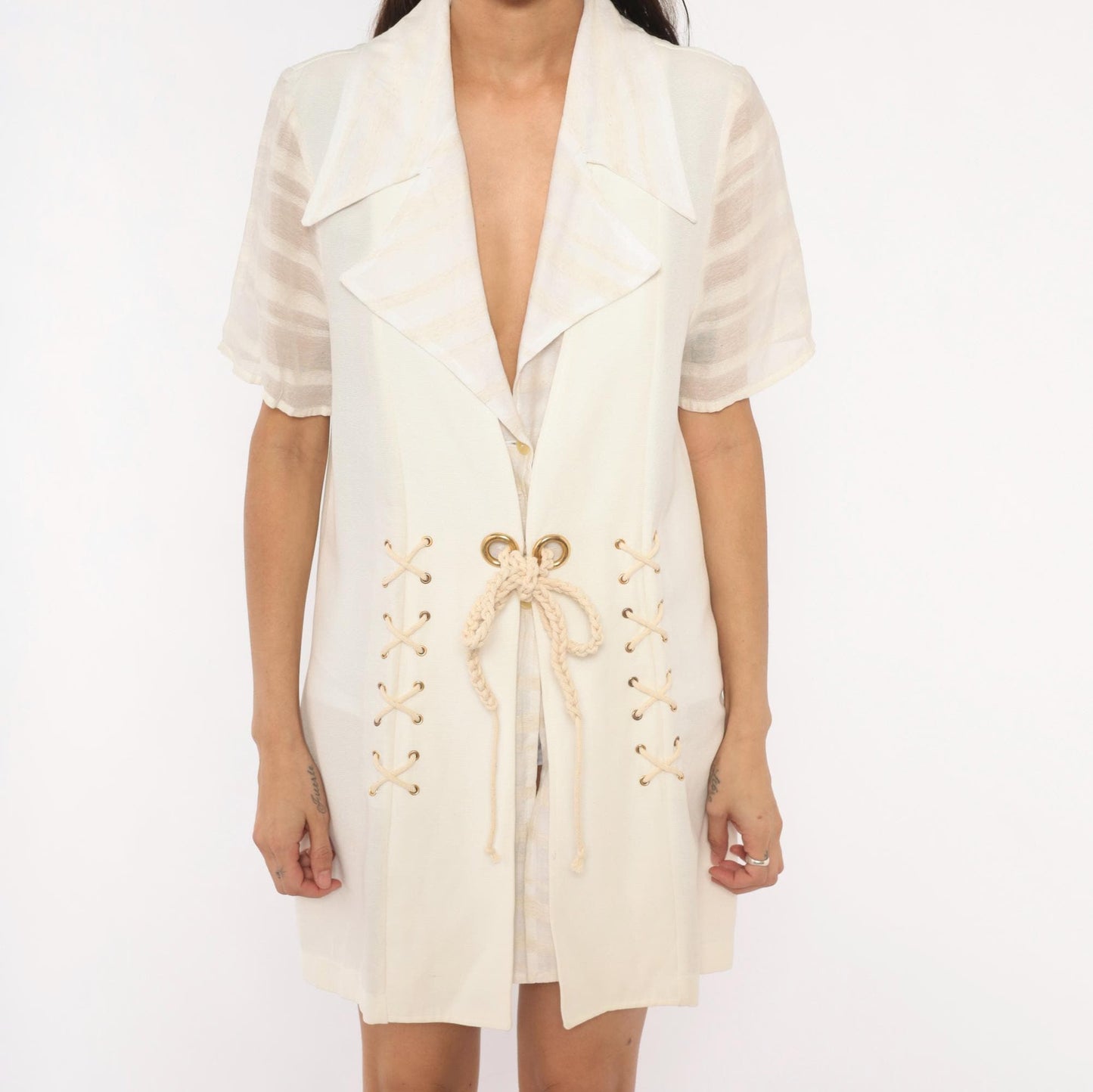 90s Mack Harold Cream Blazer Dress Lace-Up Corset Mini Nautical Medium M