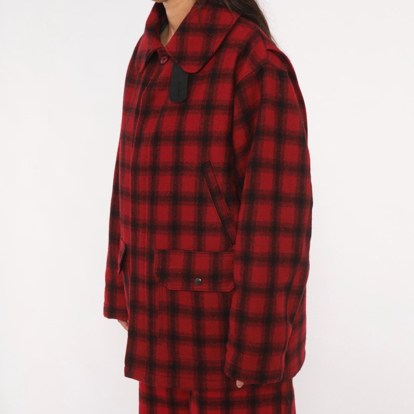 80s Woolrich Buffalo Plaid Wool Hunting Jacket Black Red Peter Pan Collar Large L
