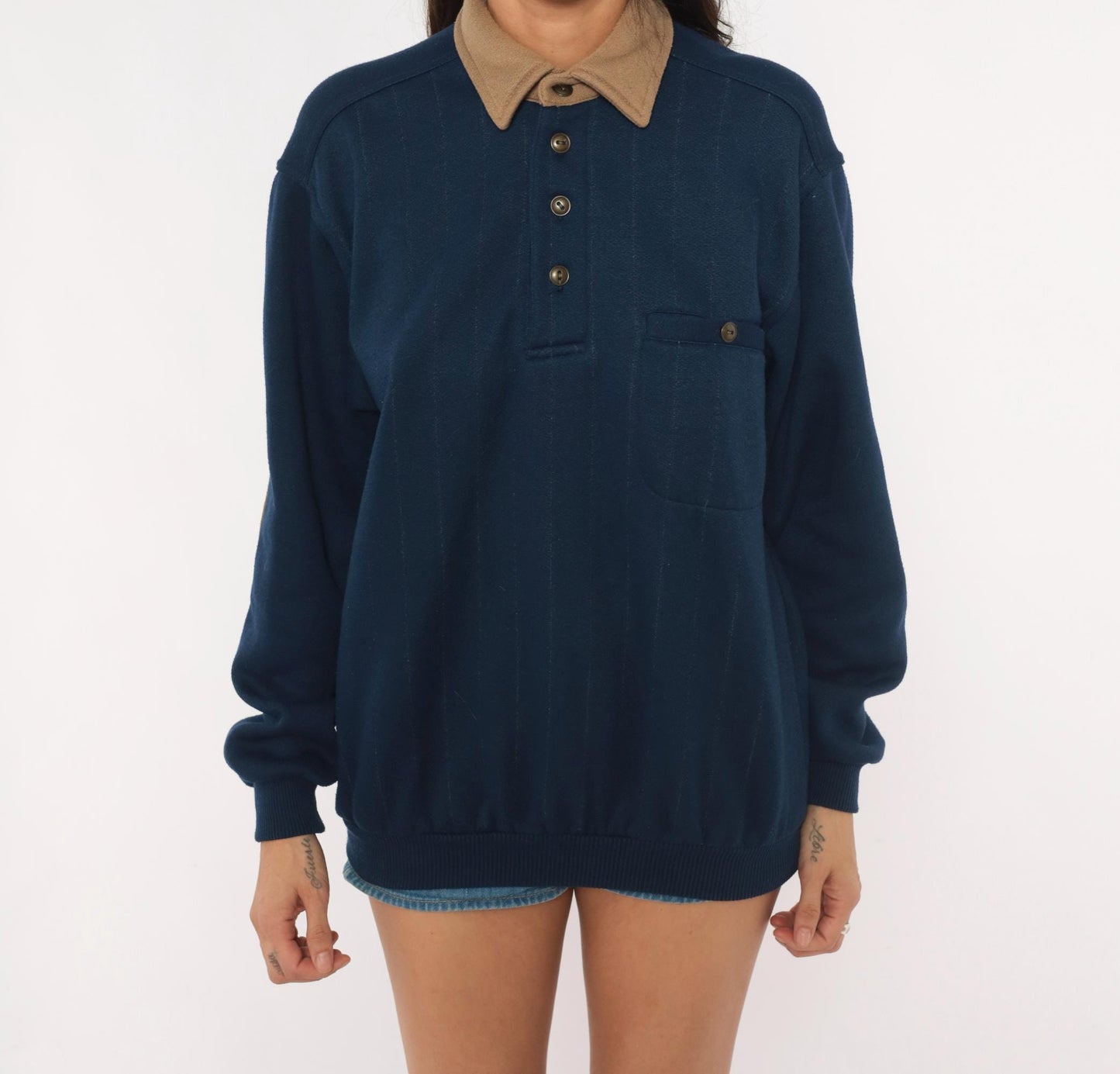 90s Scandia Woods Navy Polo Sweater Tan Elbow Patches Henley Medium M