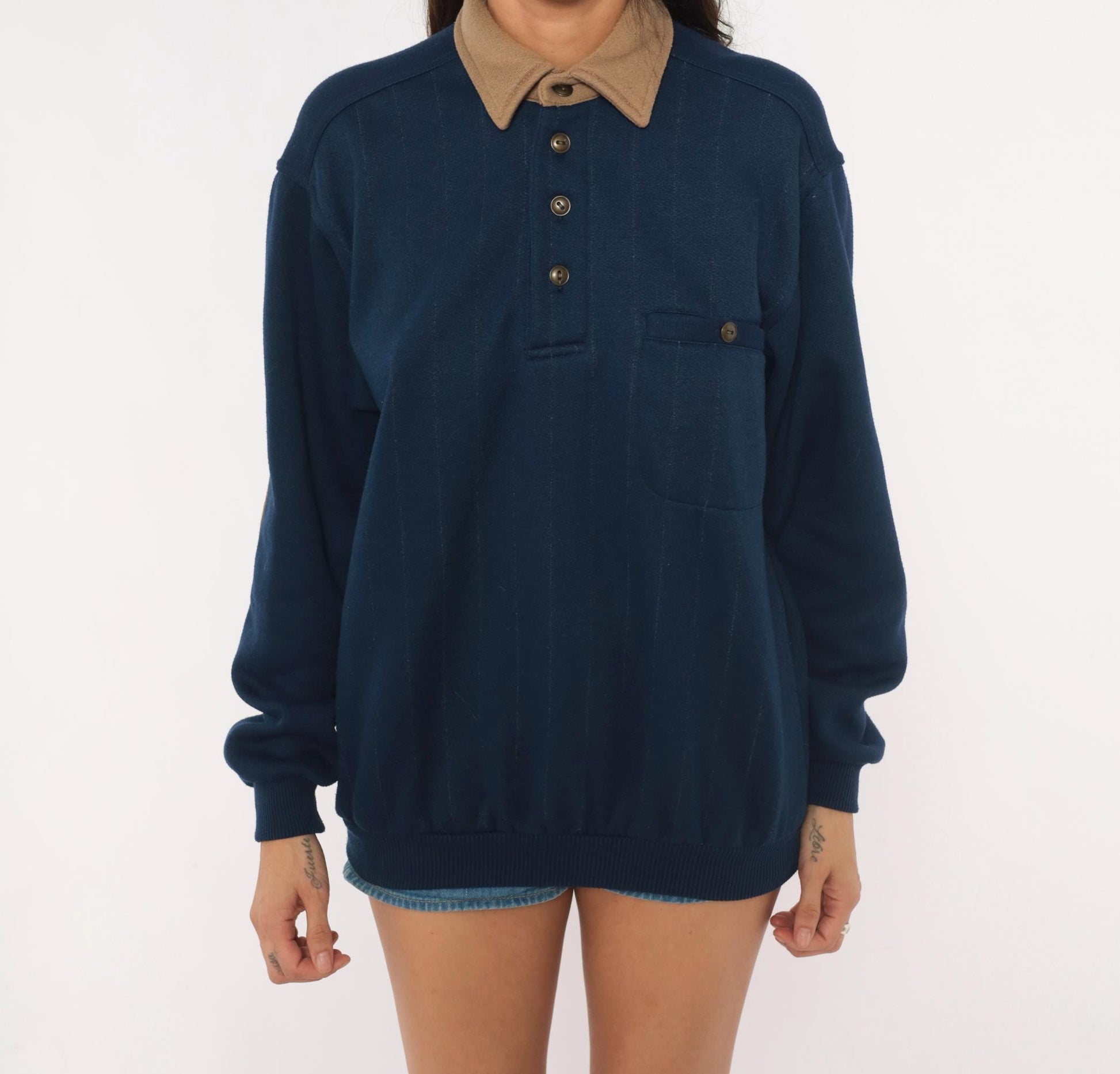 90s Scandia Woods Navy Polo Sweater Tan Elbow Patches Henley Medium M