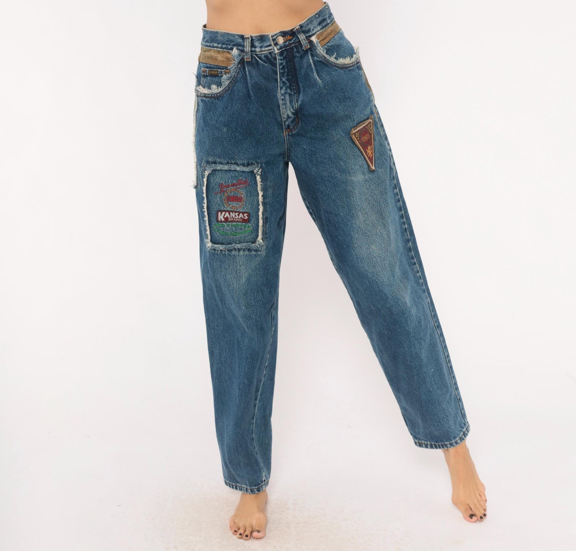 90s Kansas Brand Patchwork Denim Jeans High-Waisted Tapered Blue Suede Trim Small