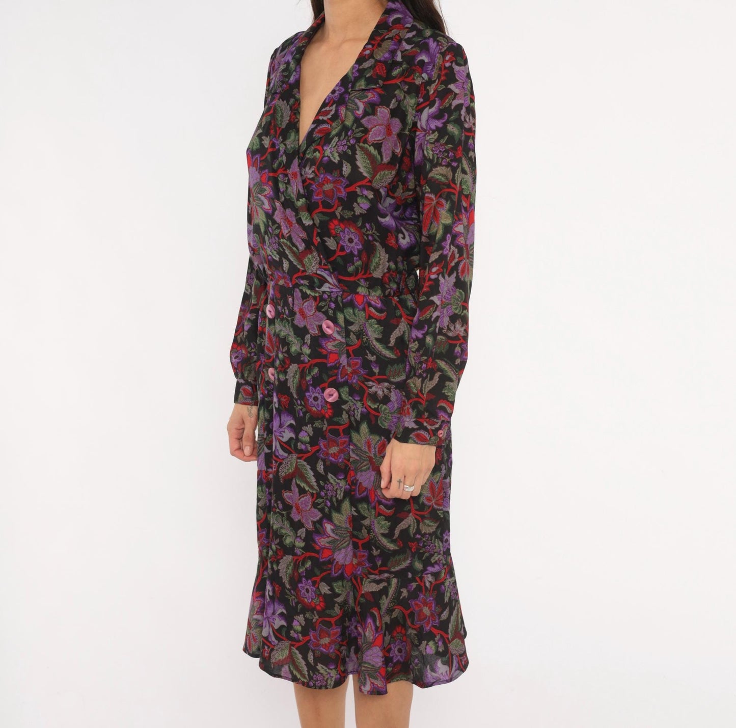 90s Breli Originals Floral Wrap Dress V Neck Long Sleeve Black Purple Small