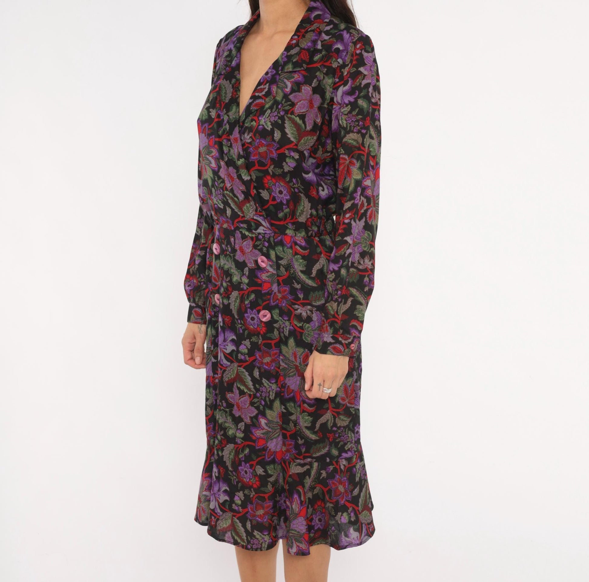 90s Breli Originals Floral Wrap Dress V Neck Long Sleeve Black Purple Small