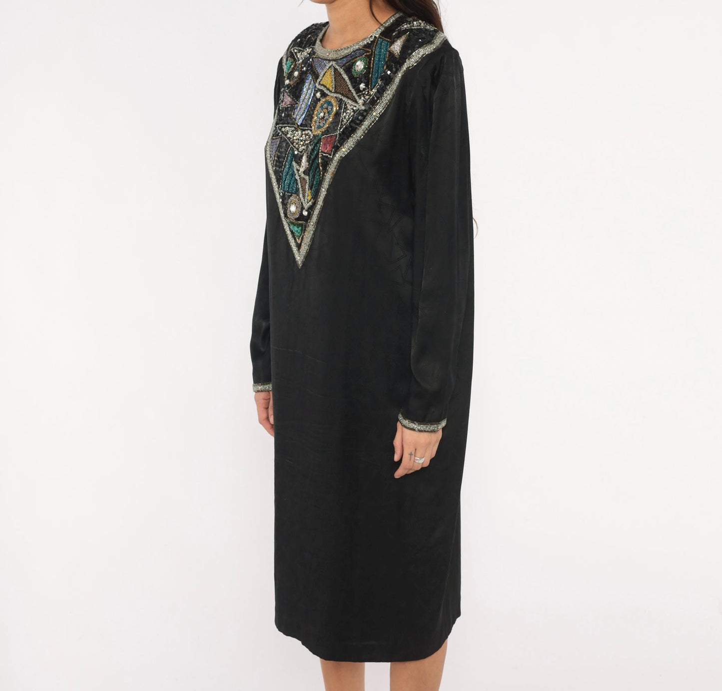 90s D'Ore Black Silk Beaded Shift Dress Geometric Sequin Bib Large L