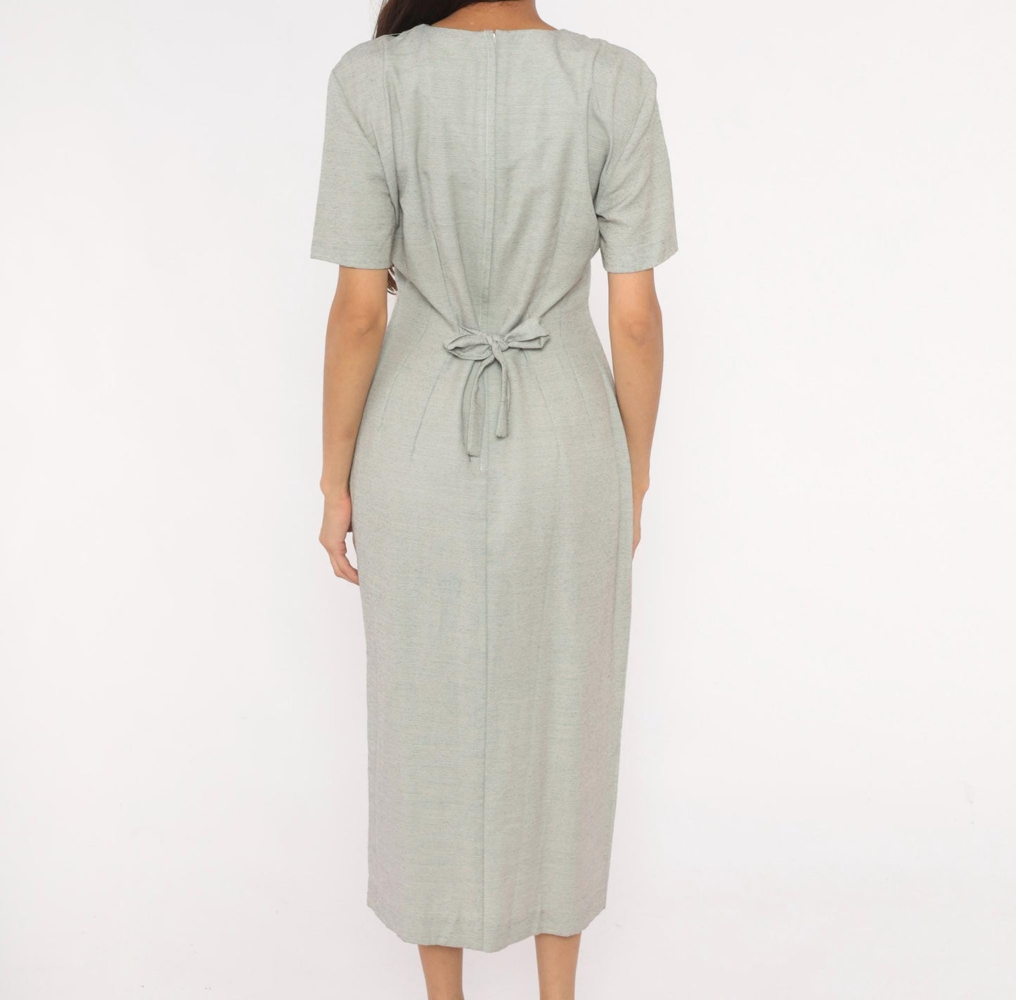 90s DJI Grey Midi Dress Soutache Embroidered Button Front V Neck Medium M