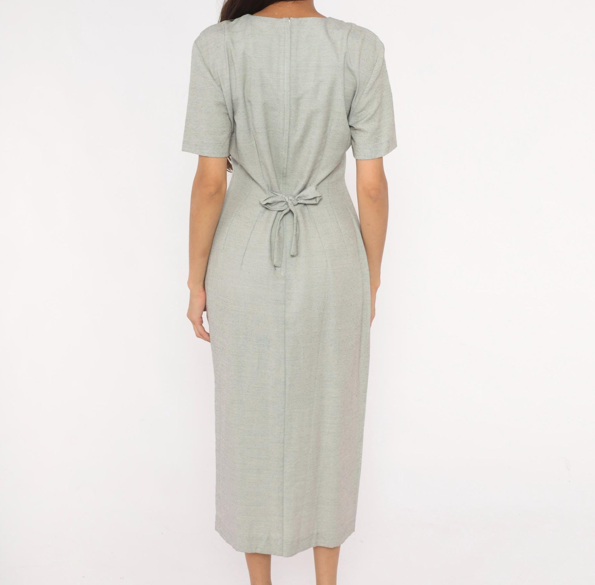 90s DJI Grey Midi Dress Soutache Embroidered Button Front V Neck Medium M