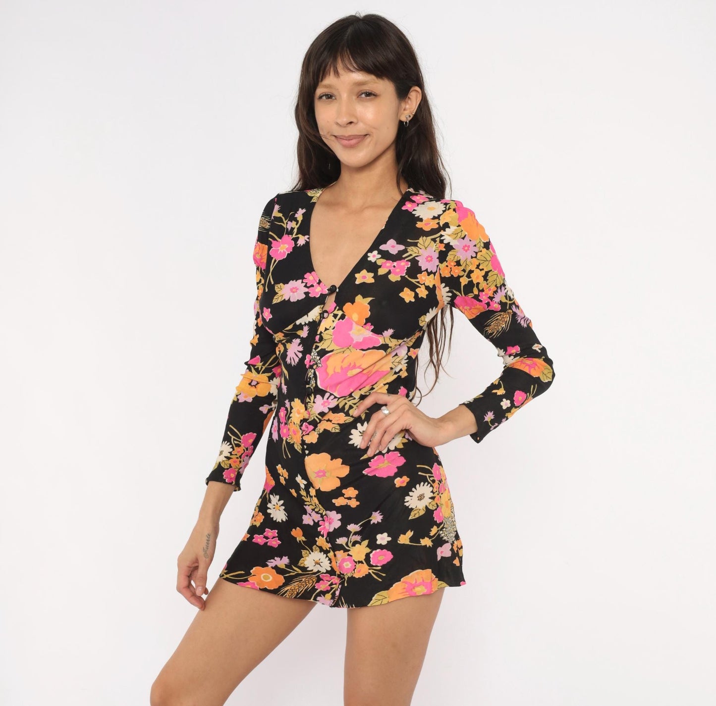 70s The Company Floral Mini Dress Black Pink Orange V-Neck Long Sleeve Small