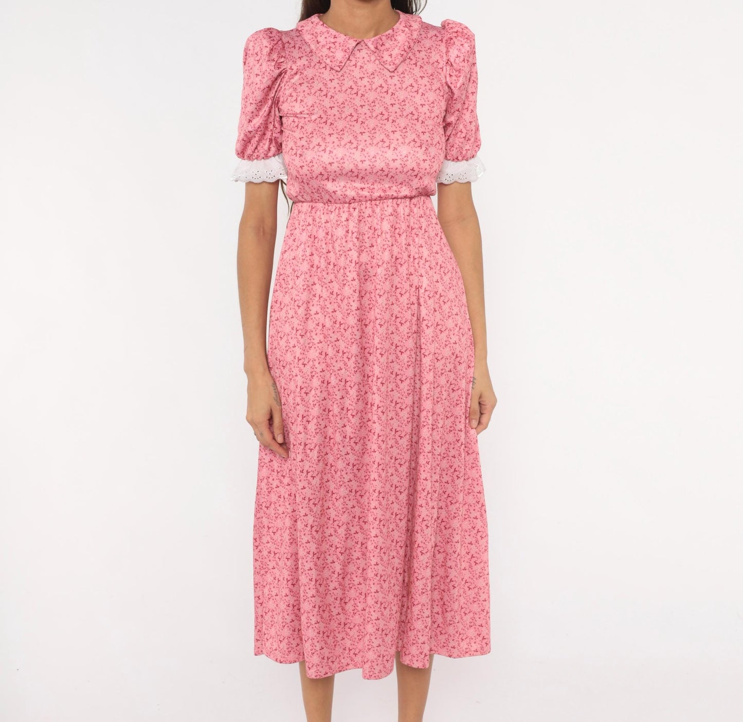 Y2K Pink Floral Midi Dress Puff Sleeve Peter Pan Collar Eyelet Lace Small S