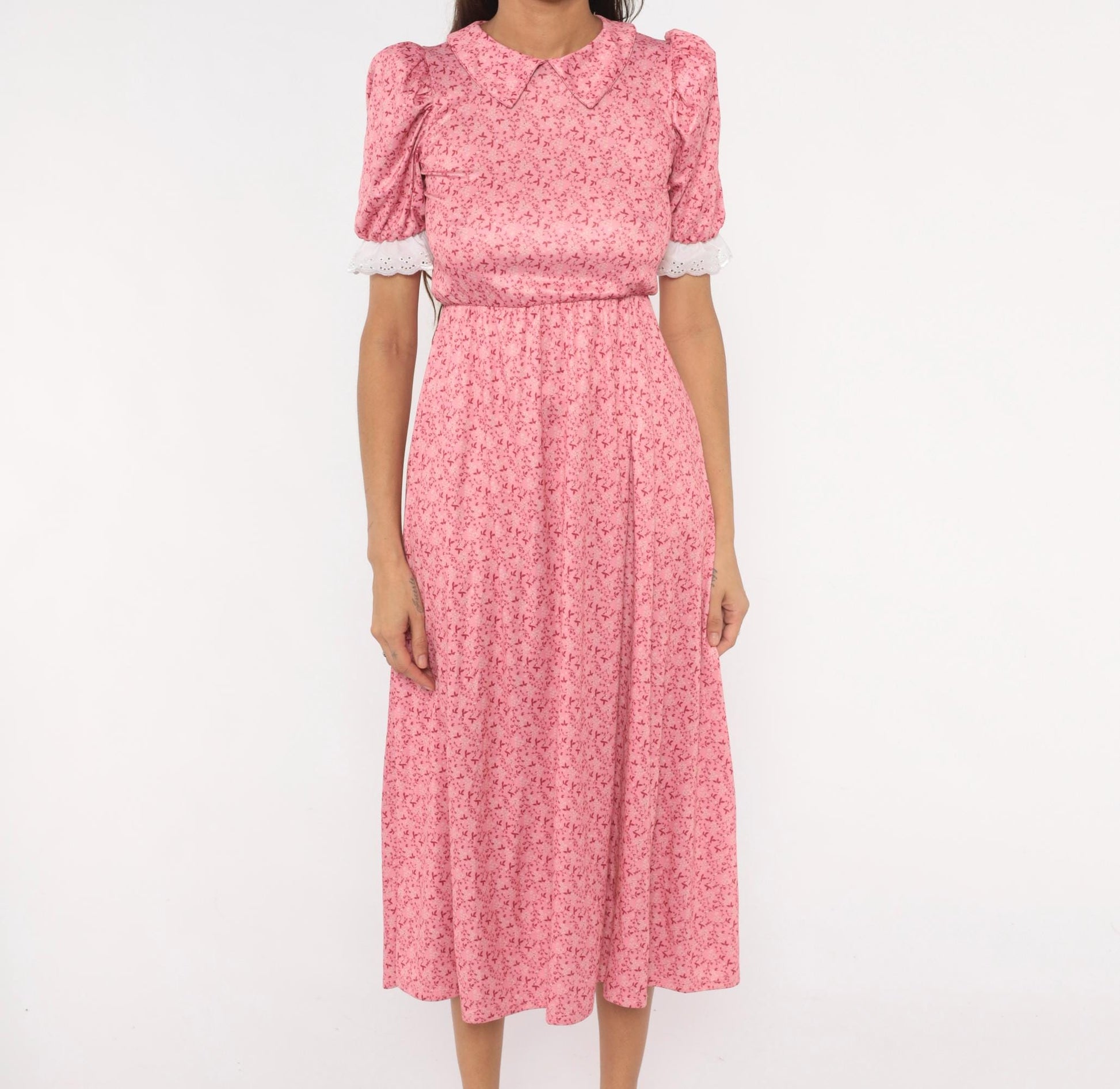 Y2K Pink Floral Midi Dress Puff Sleeve Peter Pan Collar Eyelet Lace Small S