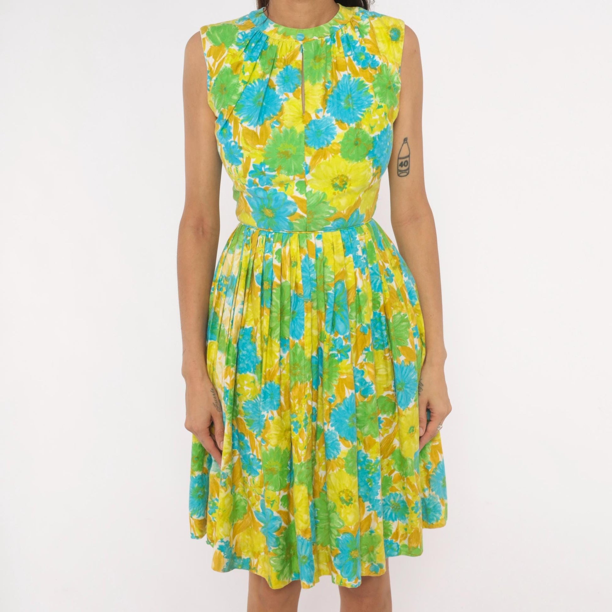 60s Floral Fit-and-Flare Sundress Daisy Print Yellow Green Blue Cotton XS