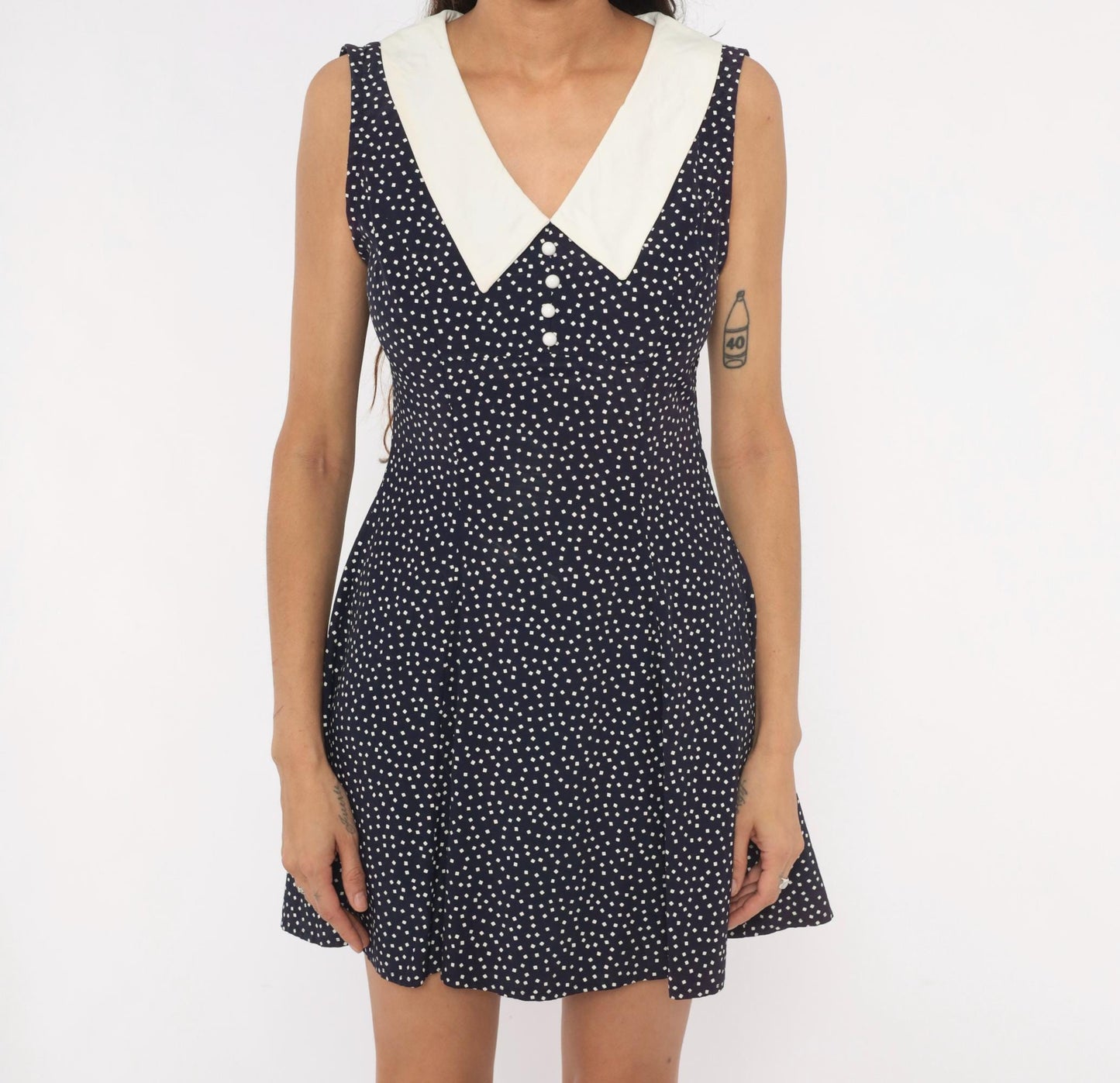 80s All That Jazz Navy Polka Dot Mini Dress White Collar Sleeveless Small