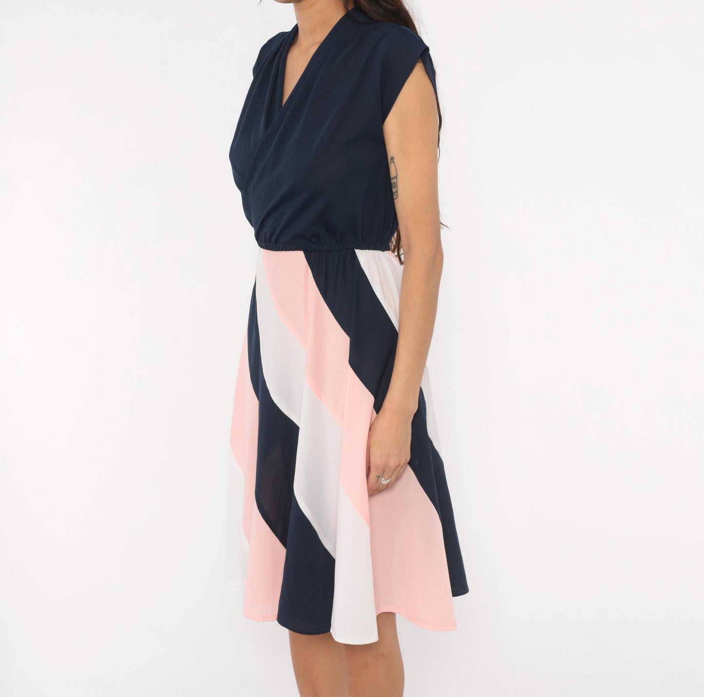 70s Navy Colorblock Sundress Pink White Diagonal Stripe Knee-Length Medium
