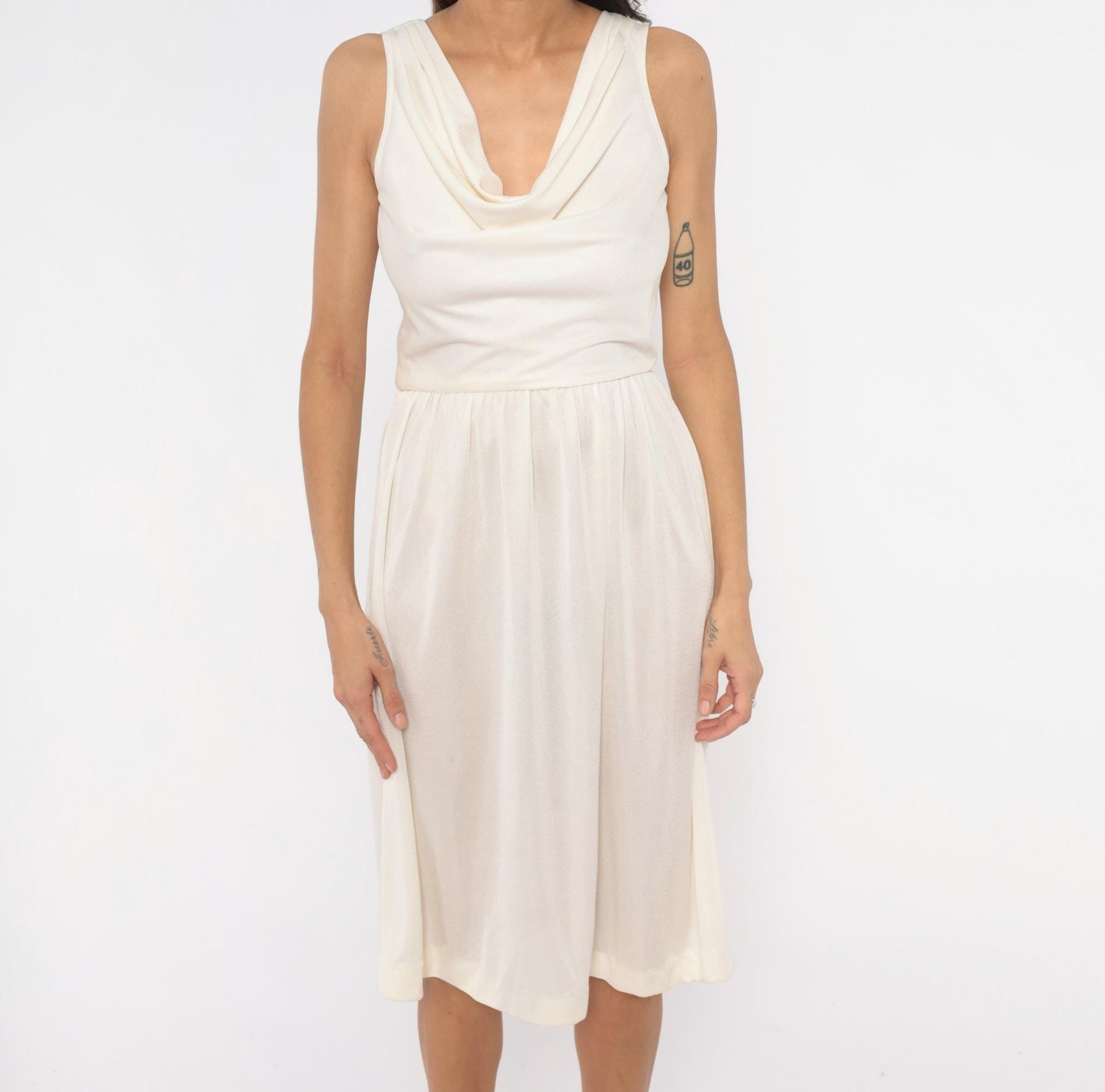 70s Kappi Cowl Neck Sundress Cream Sleeveless Gathered Waist Knee-Length Medium M