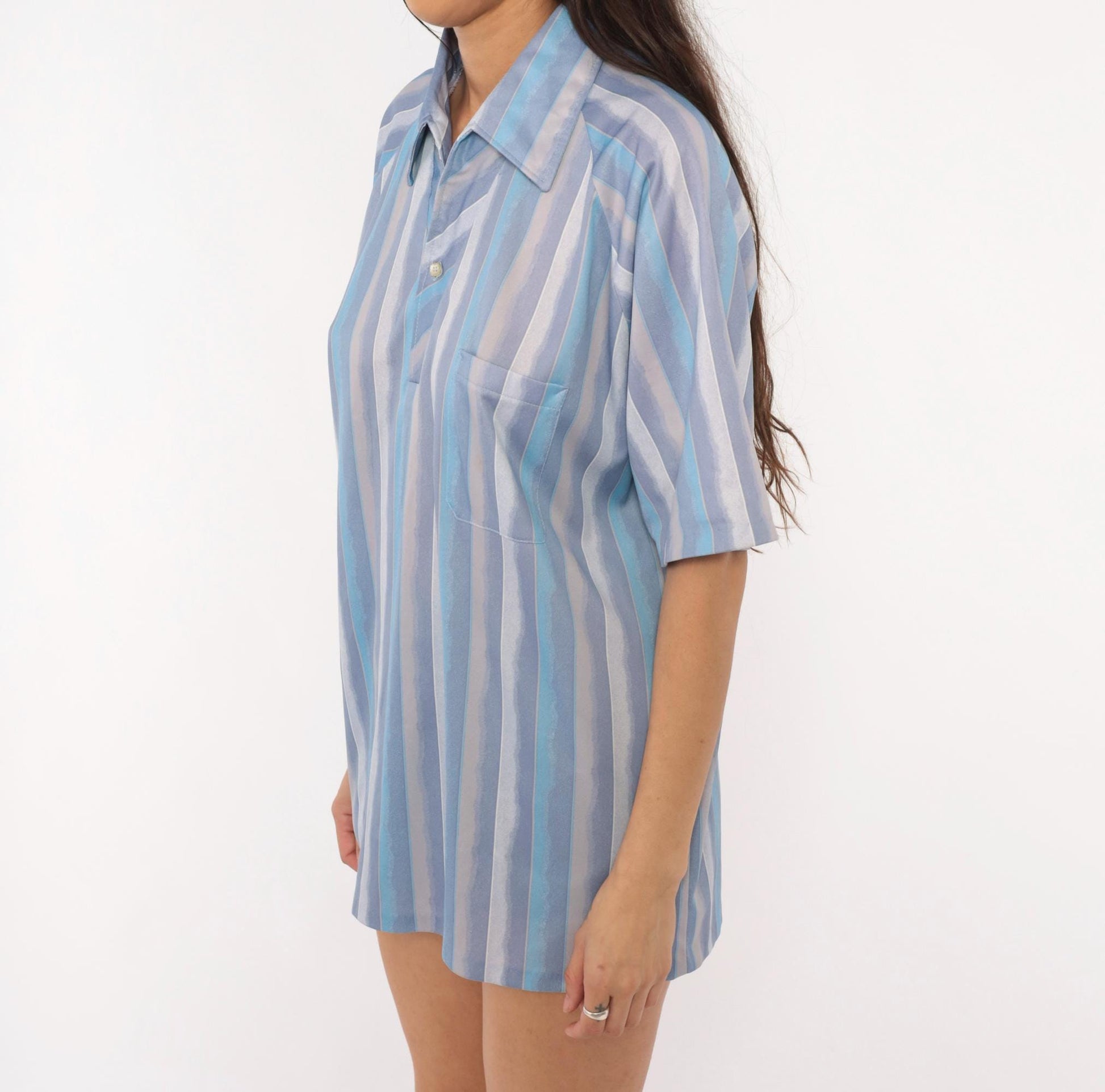 90s Dache Watercolor Stripe Polo Lavender Blue Grey Short Sleeve Large L
