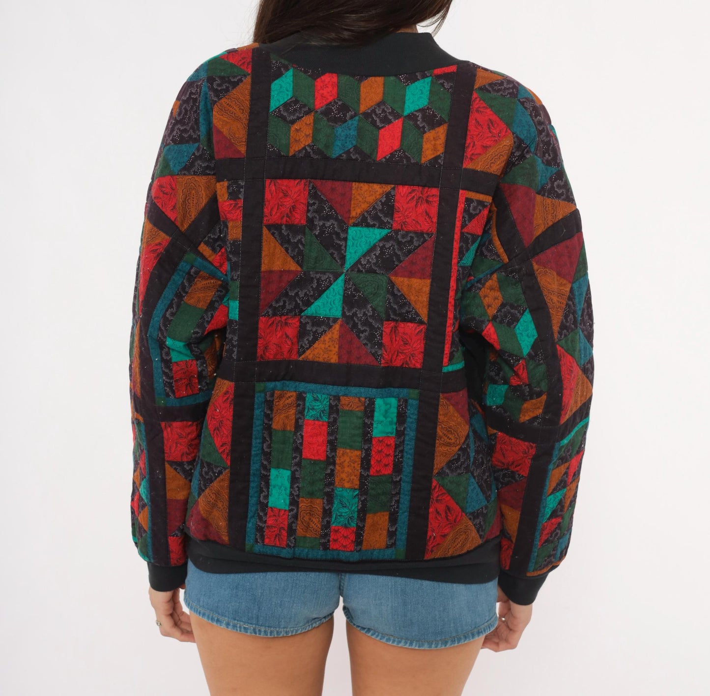 90s Quilted Patchwork Bomber Jacket Geometric Star Block Cotton Multicolor Large L