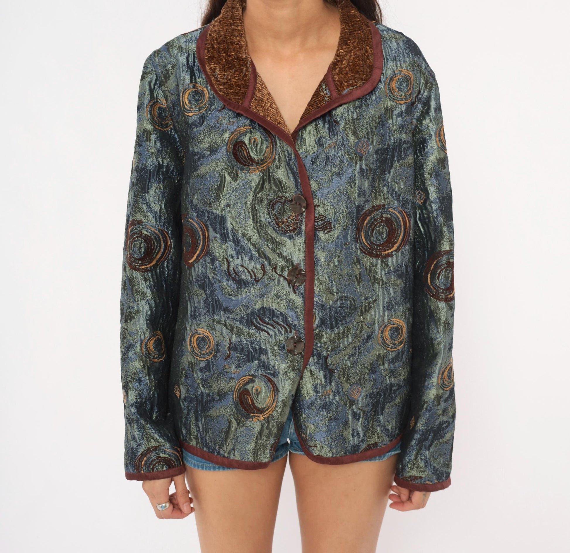 2000s Yak Magik Tapestry Blazer Woven Spiral Jacquard Blue Green Brown Extra Large XXL