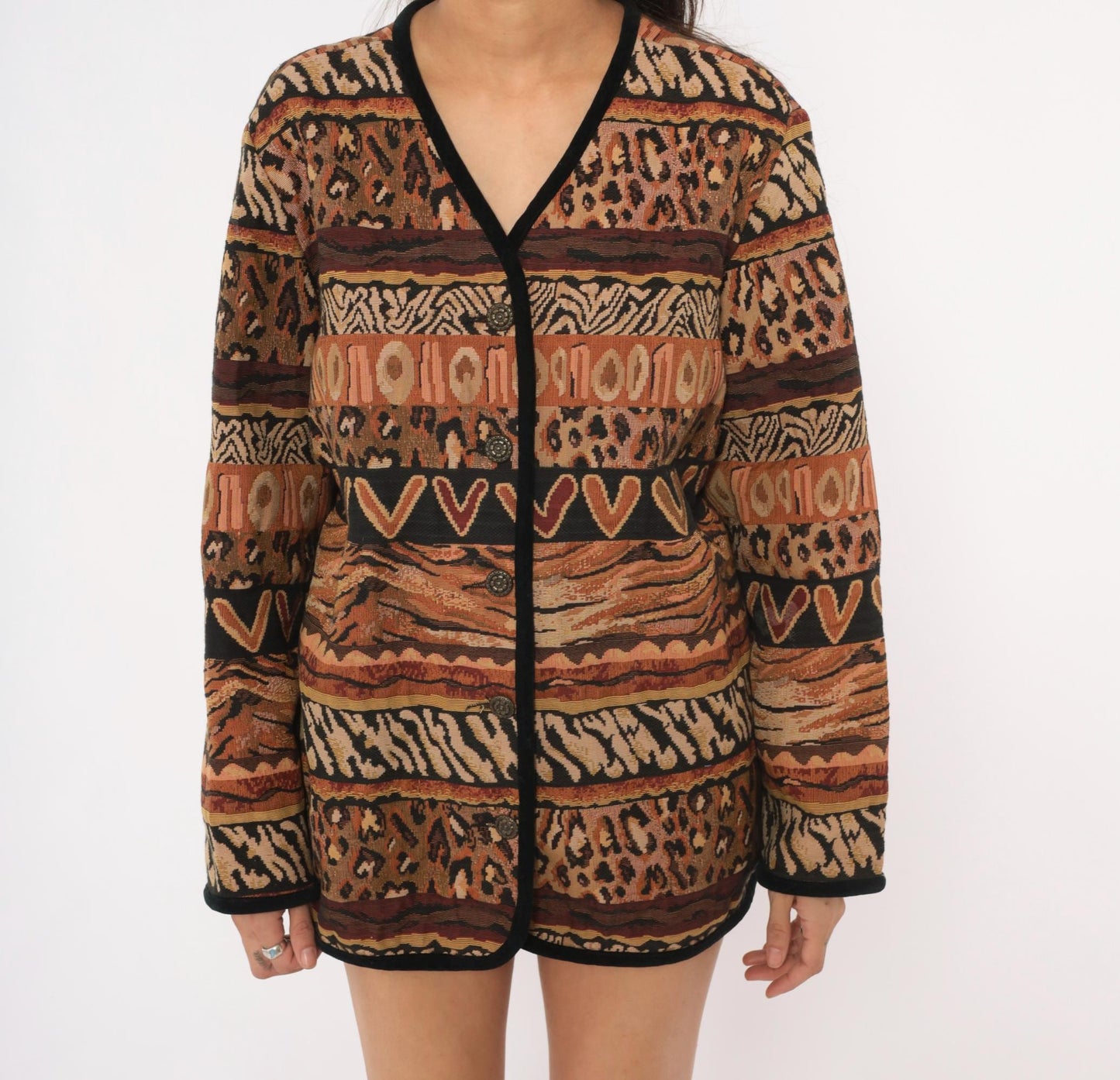 Y2K Stonebridge Tapestry Jacket Animal Print Woven Cotton Tan Brown Extra Large