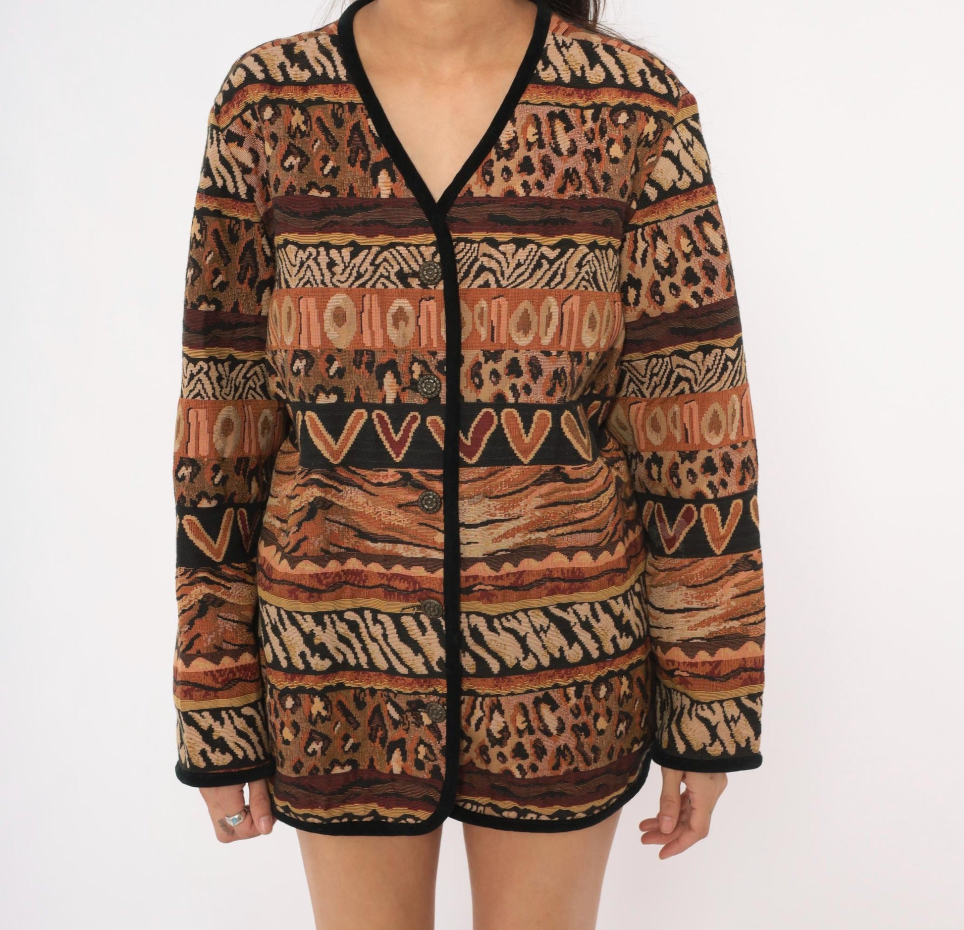 Y2K Stonebridge Tapestry Jacket Animal Print Woven Cotton Tan Brown Extra Large