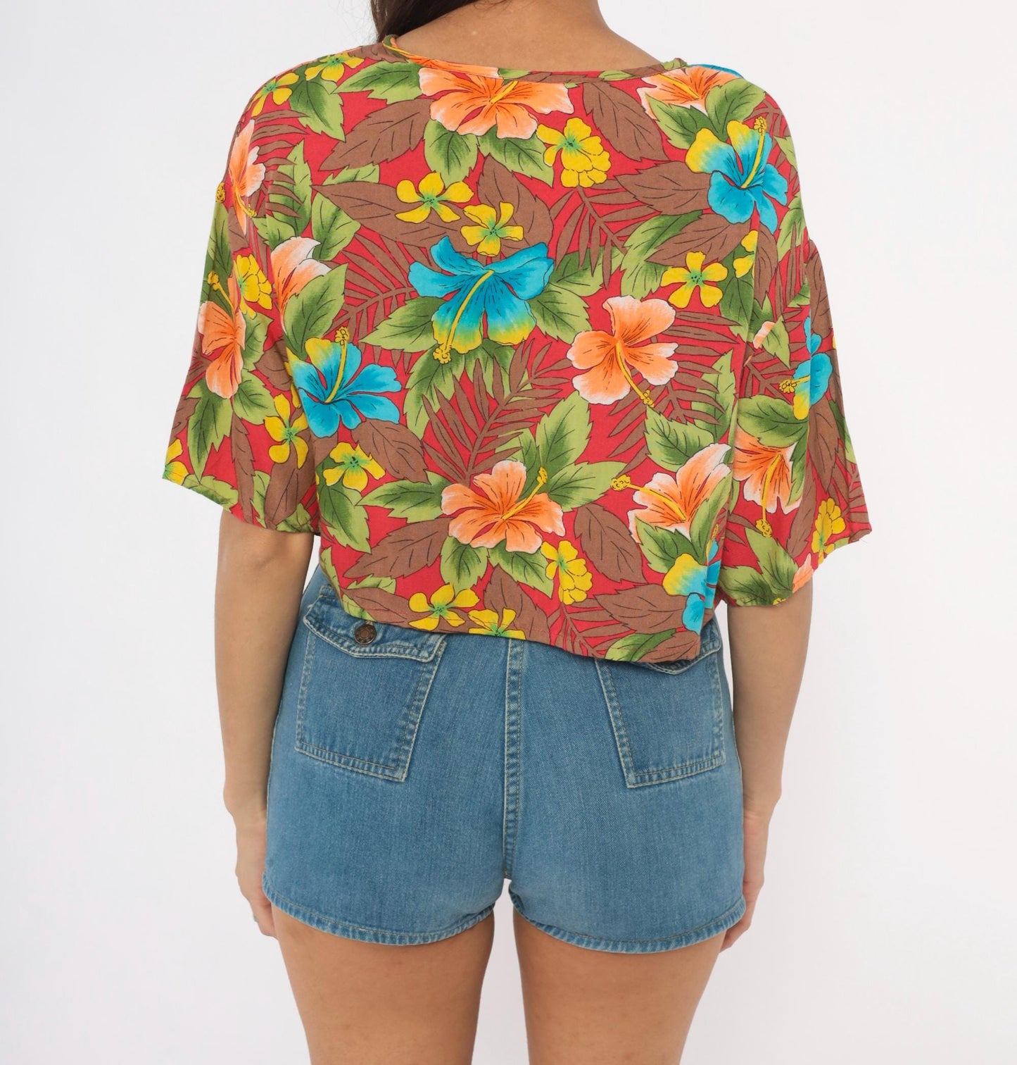 90s California Krush Tropical Hibiscus Crop Top Red Blue Green Medium M