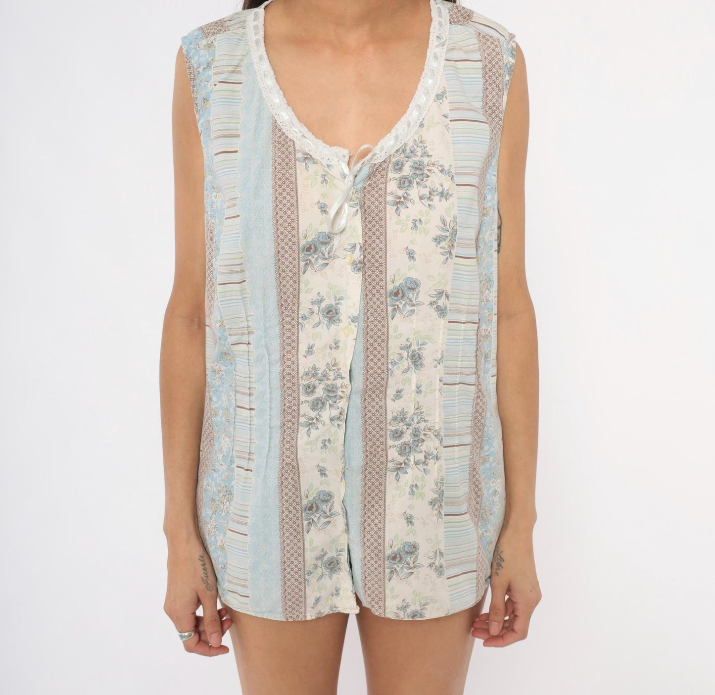 Y2K Fashion Bug Patchwork Floral Tank Top Lace Trim Bow Blue Cream Striped Extra Large XXL