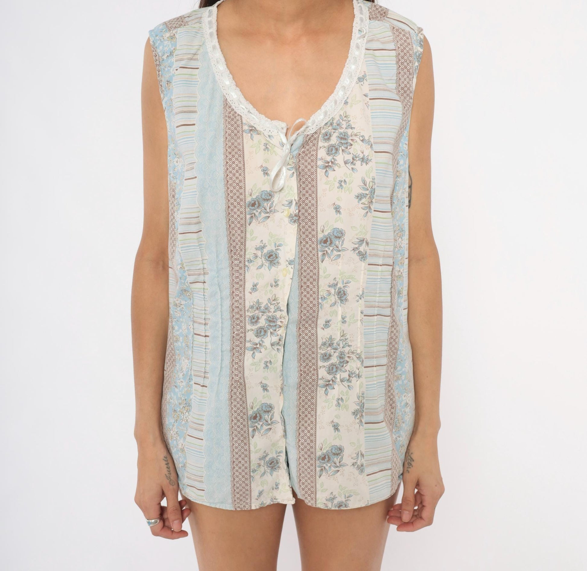 Y2K Fashion Bug Patchwork Floral Tank Top Lace Trim Bow Blue Cream Striped Extra Large XXL