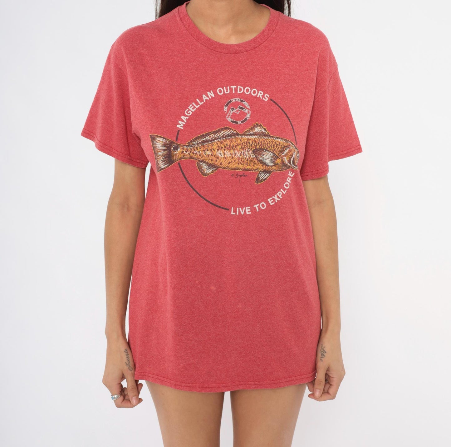Y2K Magellan Outdoors Fish Graphic Tee Coral Cotton Crew Neck Medium