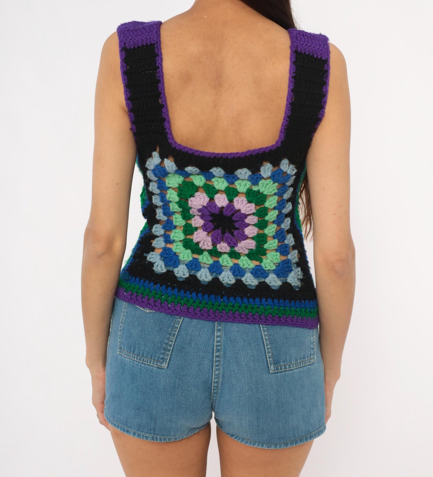 70s Handmade Crochet Granny Square Tank Purple Green Blue Scoop Neck Extra Small
