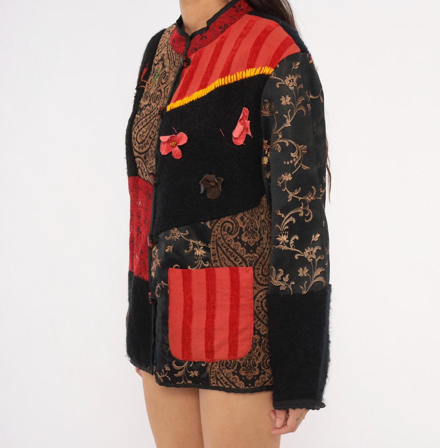 2000s Julia Kin Patchwork Embroidered Jacket Black Red Mandarin Collar Extra Large XL