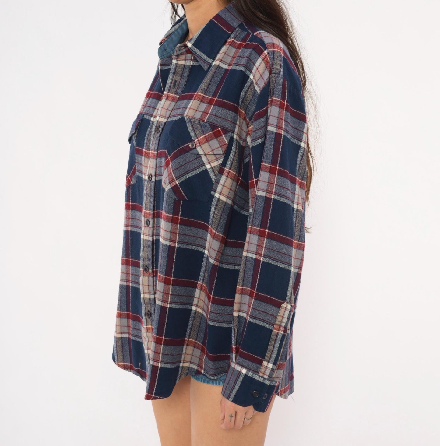 80s B.S.R. Navy Burgundy Plaid Flannel Shirt Point Collar Large L