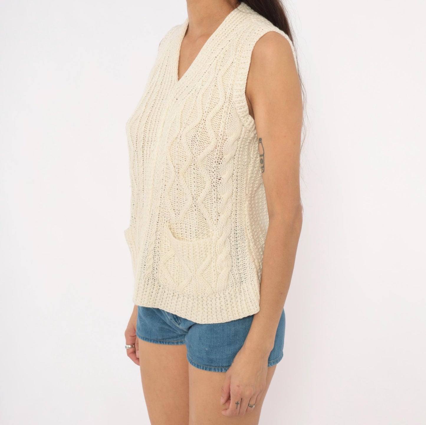 70s Cream Cable Knit Sweater Vest V Neck Pullover Preppy Small