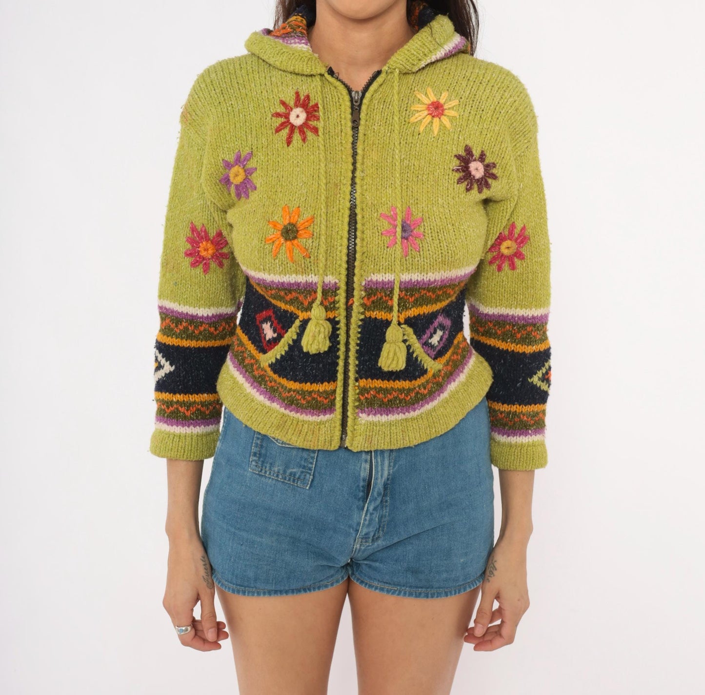 2000s Olive Wool Cropped Hooded Zip Sweater Embroidered Floral Knit XXS