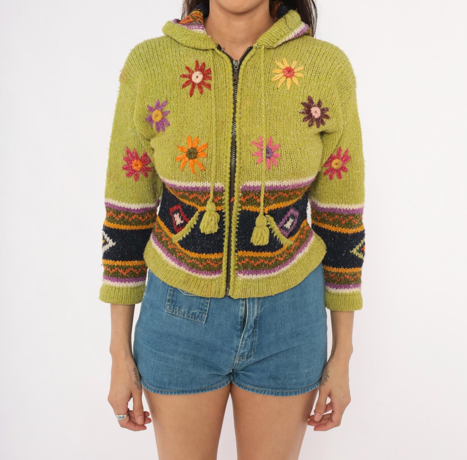 2000s Olive Wool Cropped Hooded Zip Sweater Embroidered Floral Knit XXS
