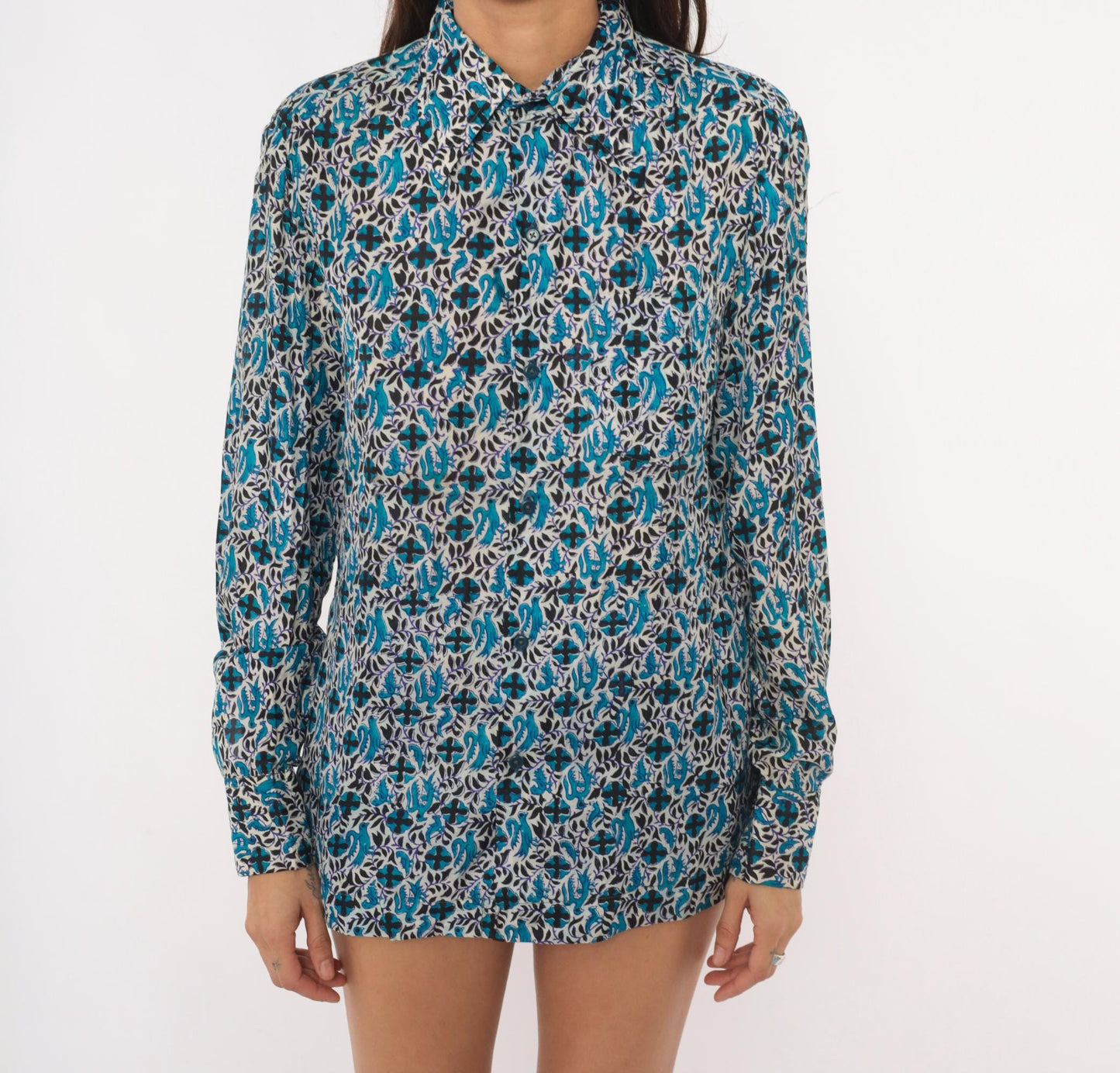 70s Anant & Co Batik Silk Shirt Teal Black Botanical Bird Print Pointed Collar Medium M