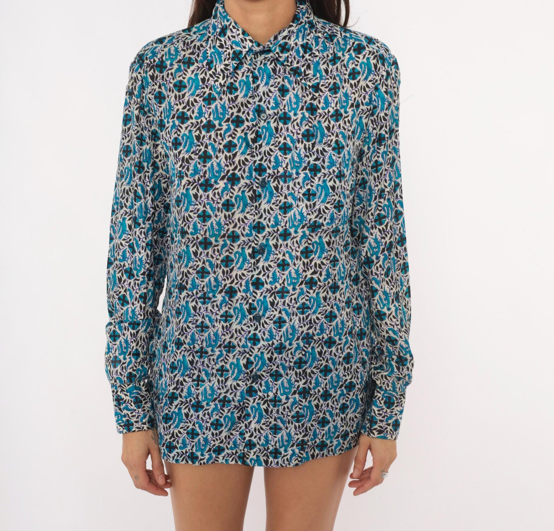 70s Anant & Co Batik Silk Shirt Teal Black Botanical Bird Print Pointed Collar Medium M