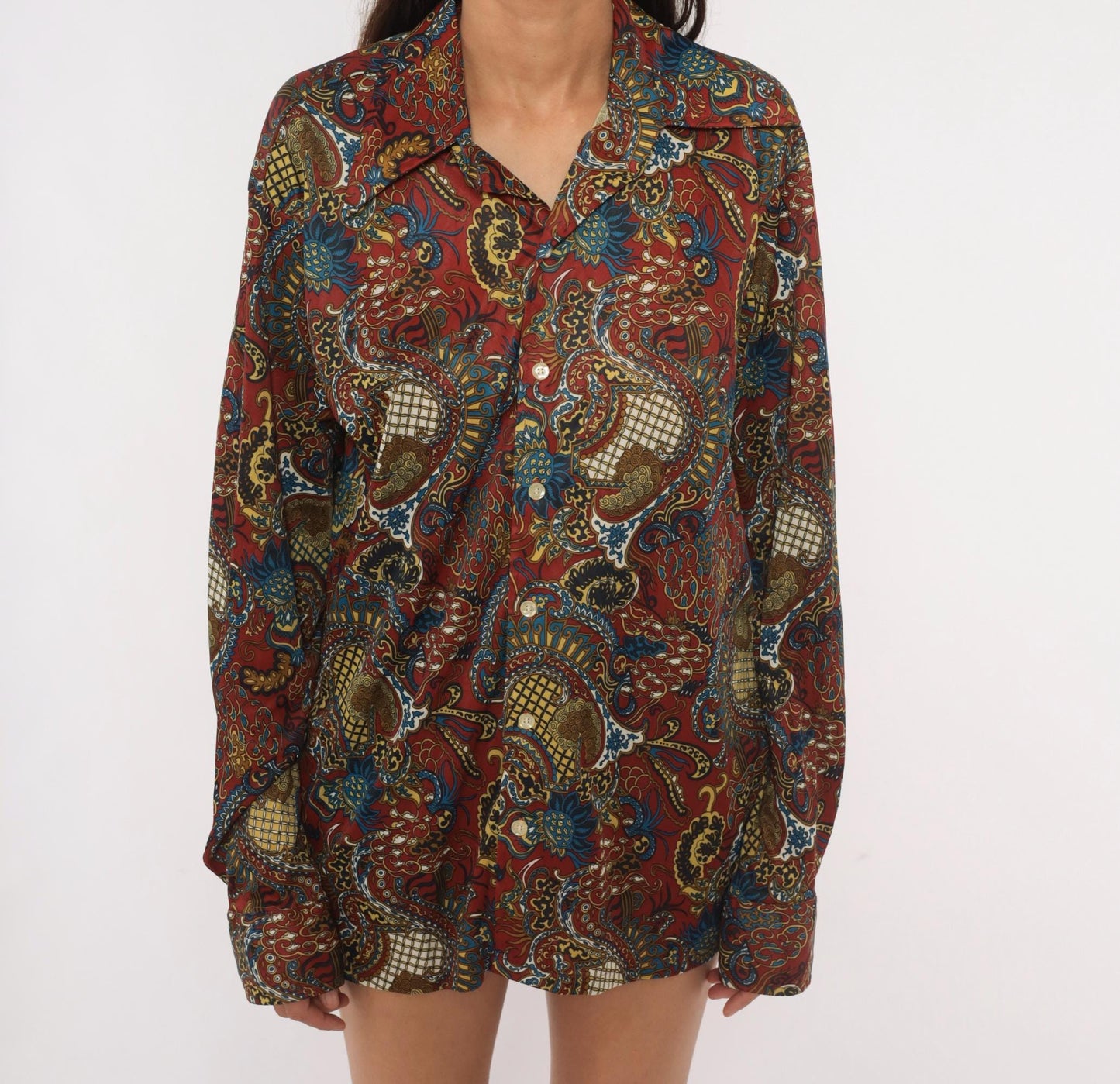 70s Perre La Grande Paisley Button Front Shirt Burgundy Blue Gold Medium