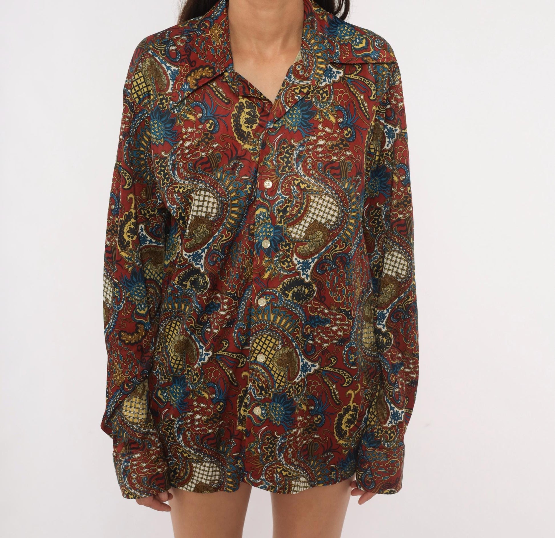 70s Perre La Grande Paisley Button Front Shirt Burgundy Blue Gold Medium