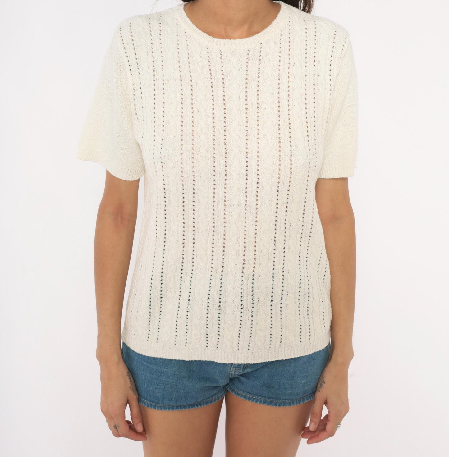 80s Pointelle Cable Knit Pullover Cream Short Sleeve Scoop Neck Large L