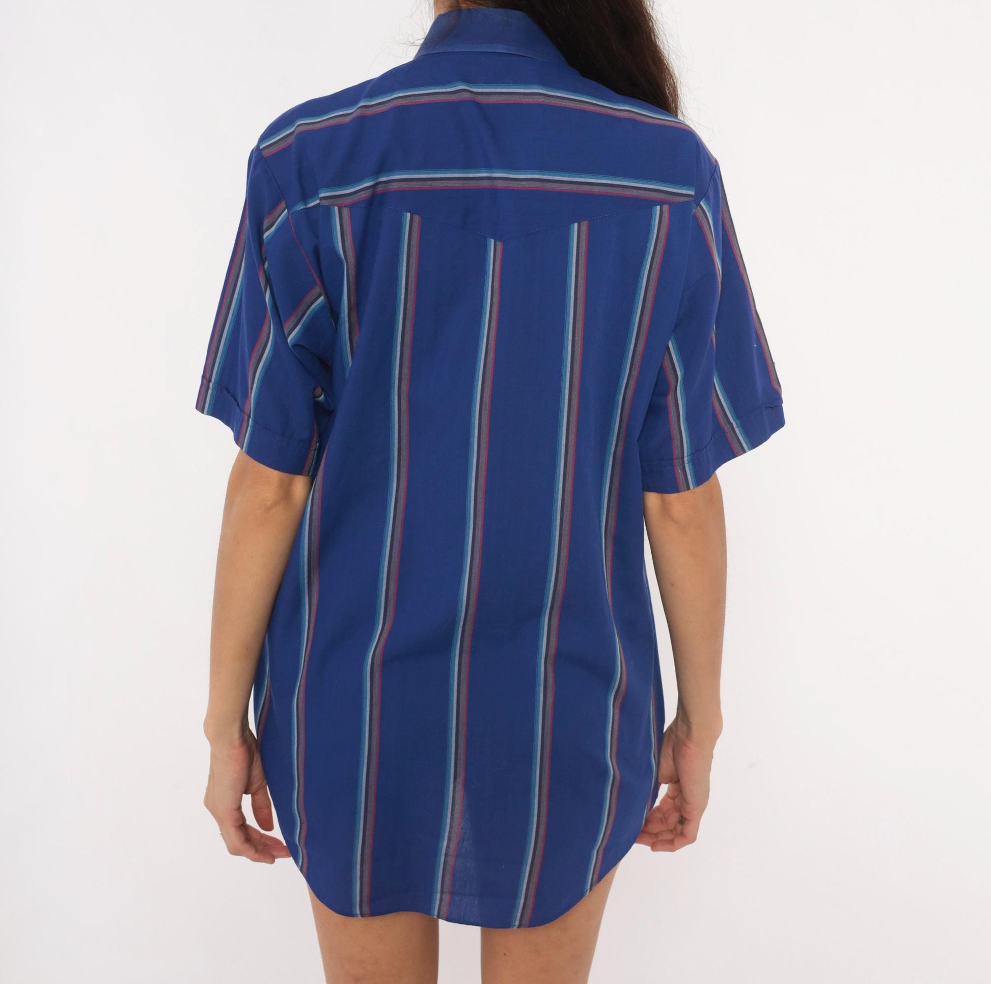 90s Ely Cattleman Western Snap Shirt Cobalt Blue Striped Pearl Button Medium M