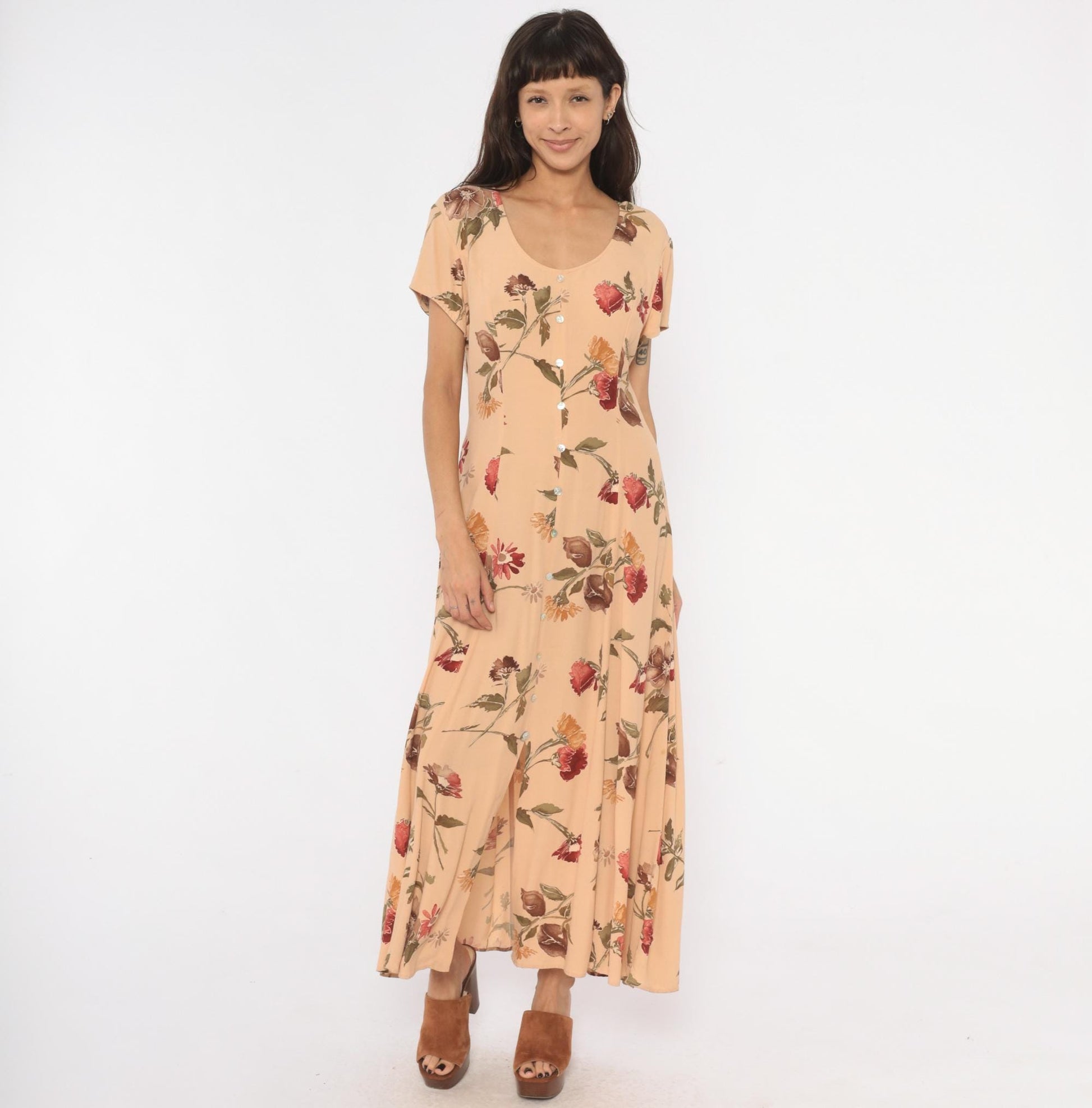 90s Jeffery & Dara Floral Maxi Dress Peach Button Front Scoop Neck Large L