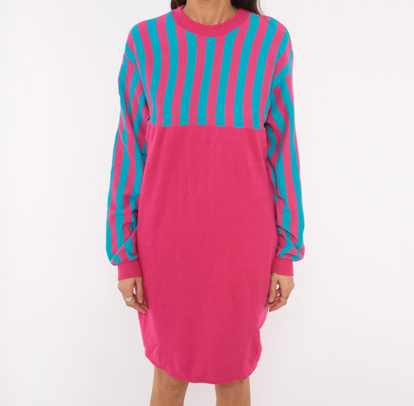 80s Sleep Mates Striped Sweatshirt Dress Hot Pink Teal Knee-Length Small