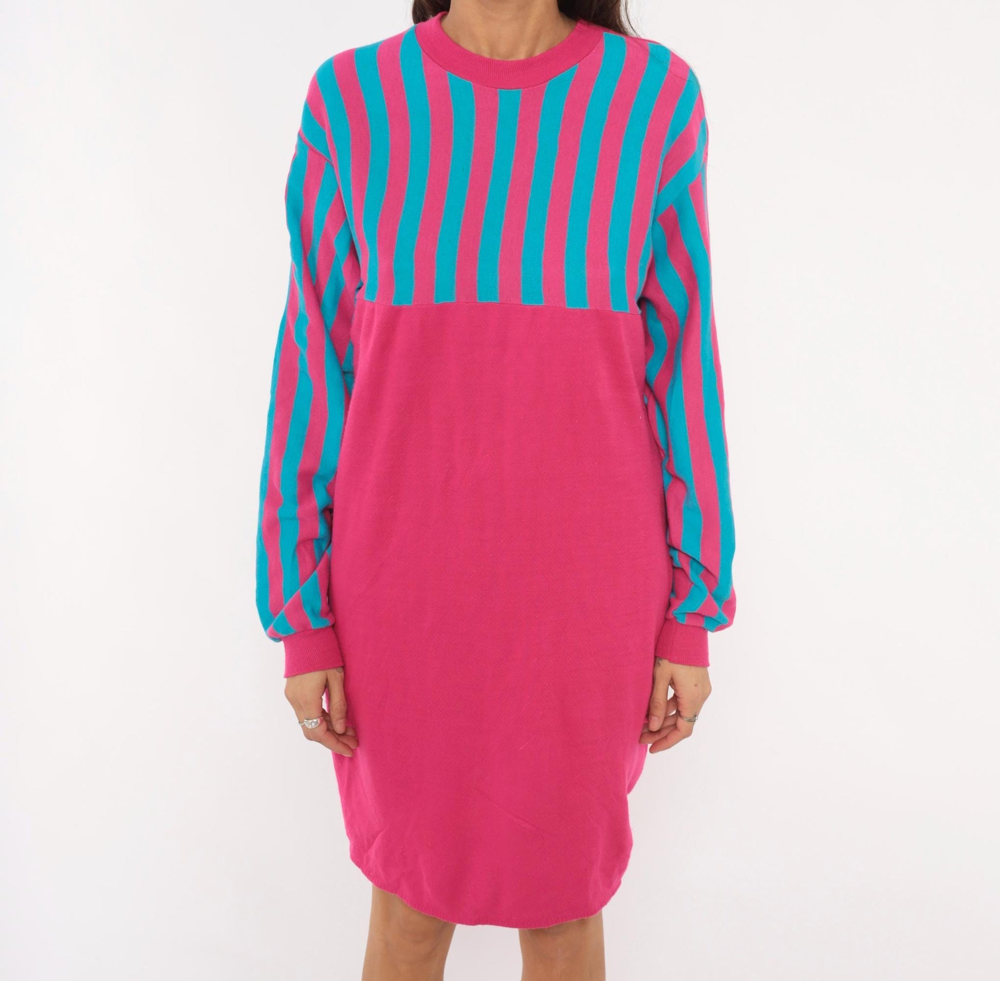 80s Sleep Mates Striped Sweatshirt Dress Hot Pink Teal Knee-Length Small