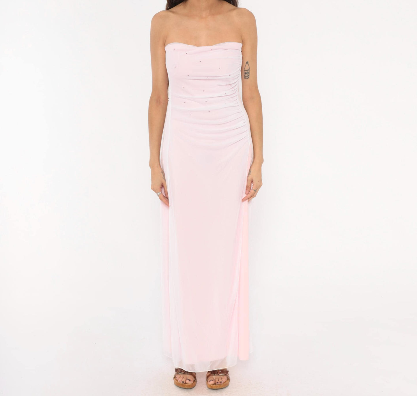 Y2K Baby Pink Strapless Maxi Gown Rhinestone Sweetheart Neckline Large L