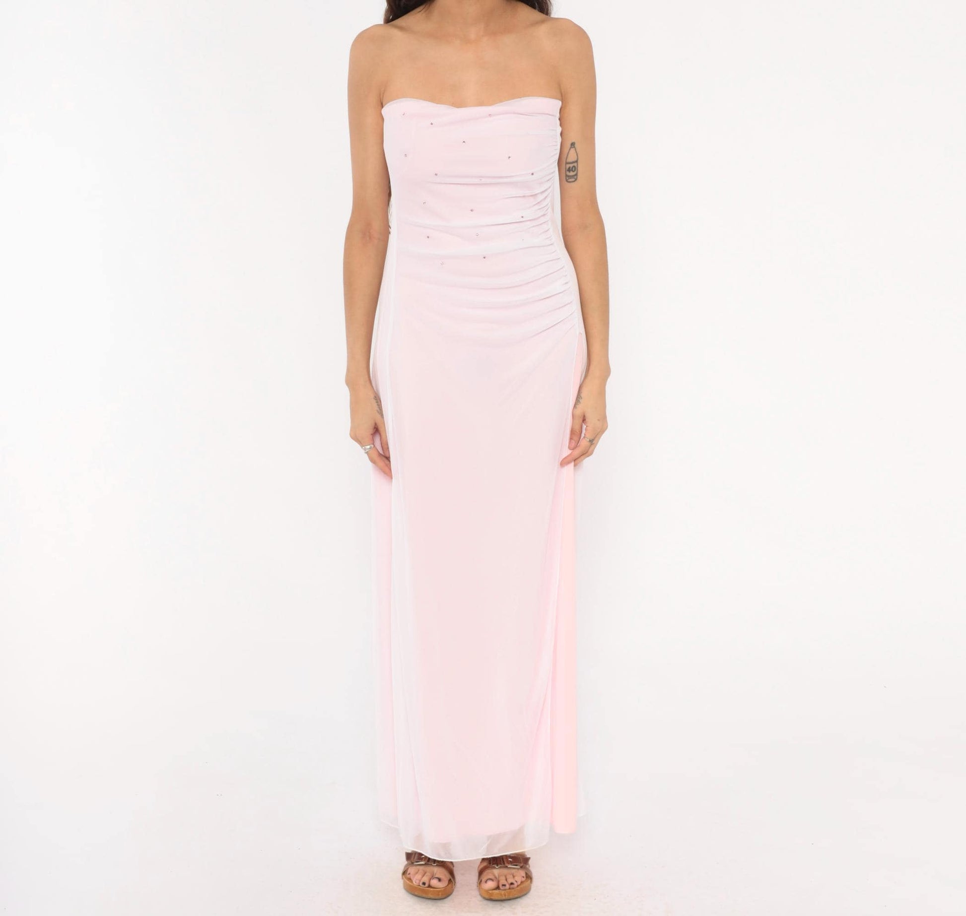 Y2K Baby Pink Strapless Maxi Gown Rhinestone Sweetheart Neckline Large L